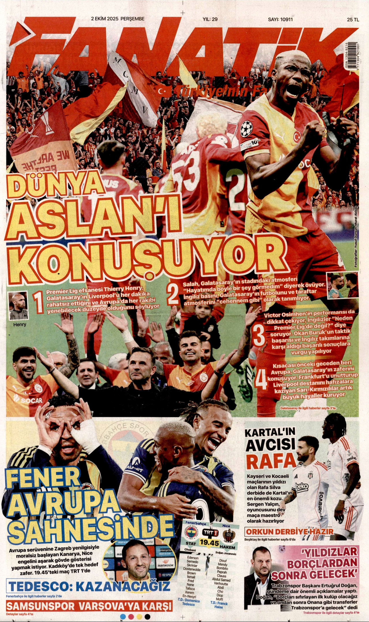 FANATİK gazetesinin 2 Ekim 2025 tarihli birinci sayfası