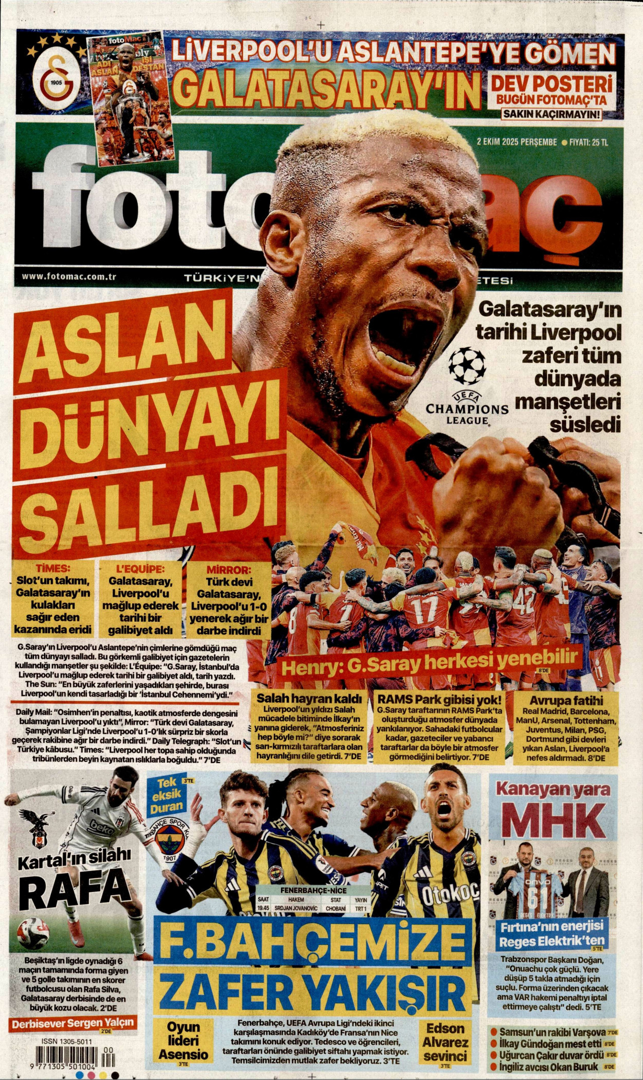 FOTOMAÇ gazetesinin 2 Ekim 2025 tarihli birinci sayfası