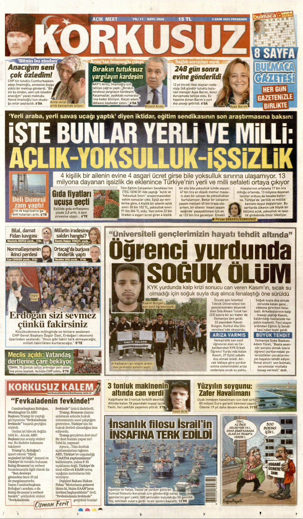 KORKUSUZ gazetesinin 2 Ekim 2025 tarihli birinci sayfası