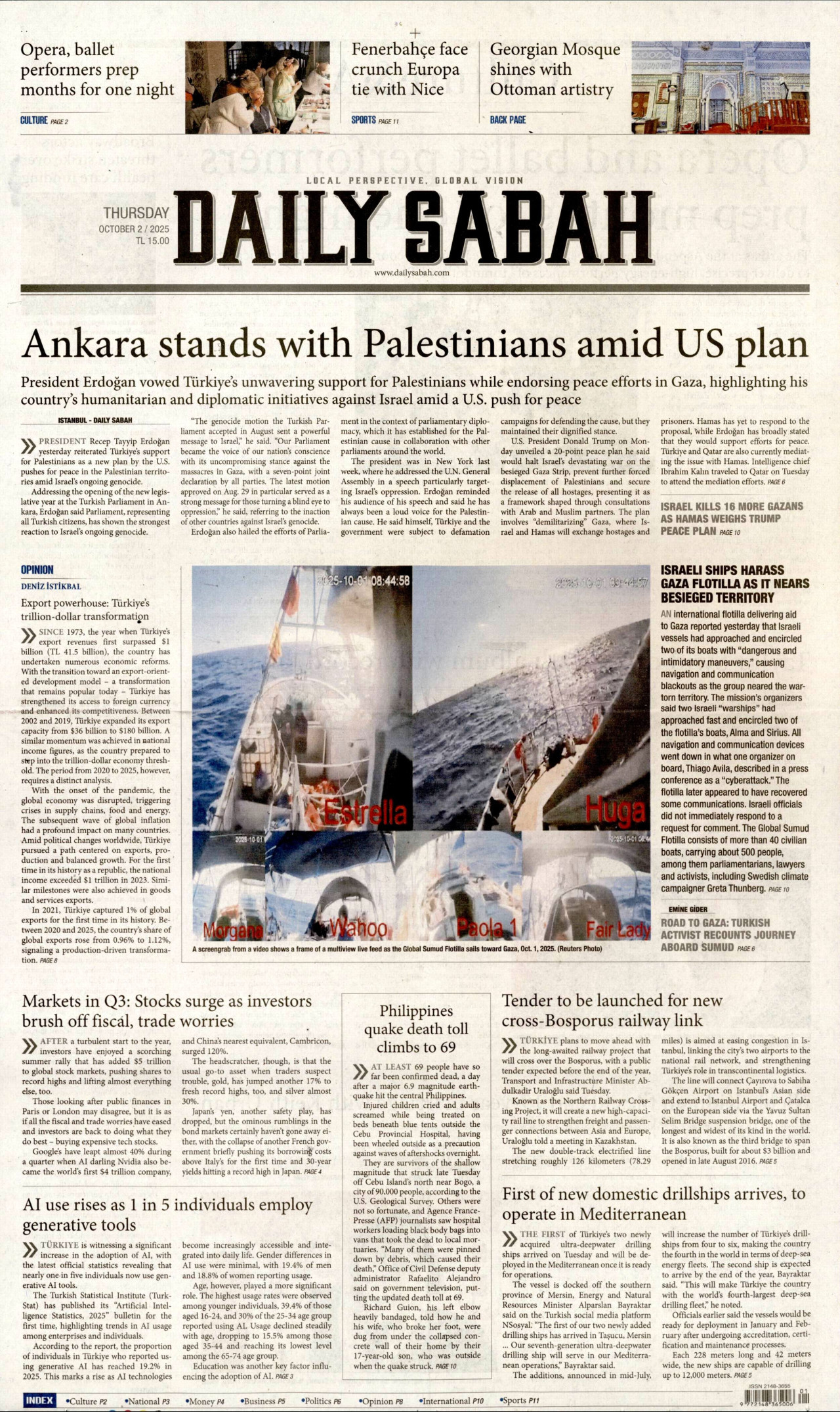DAİLY SABAH gazetesinin 2 Ekim 2025 tarihli birinci sayfası