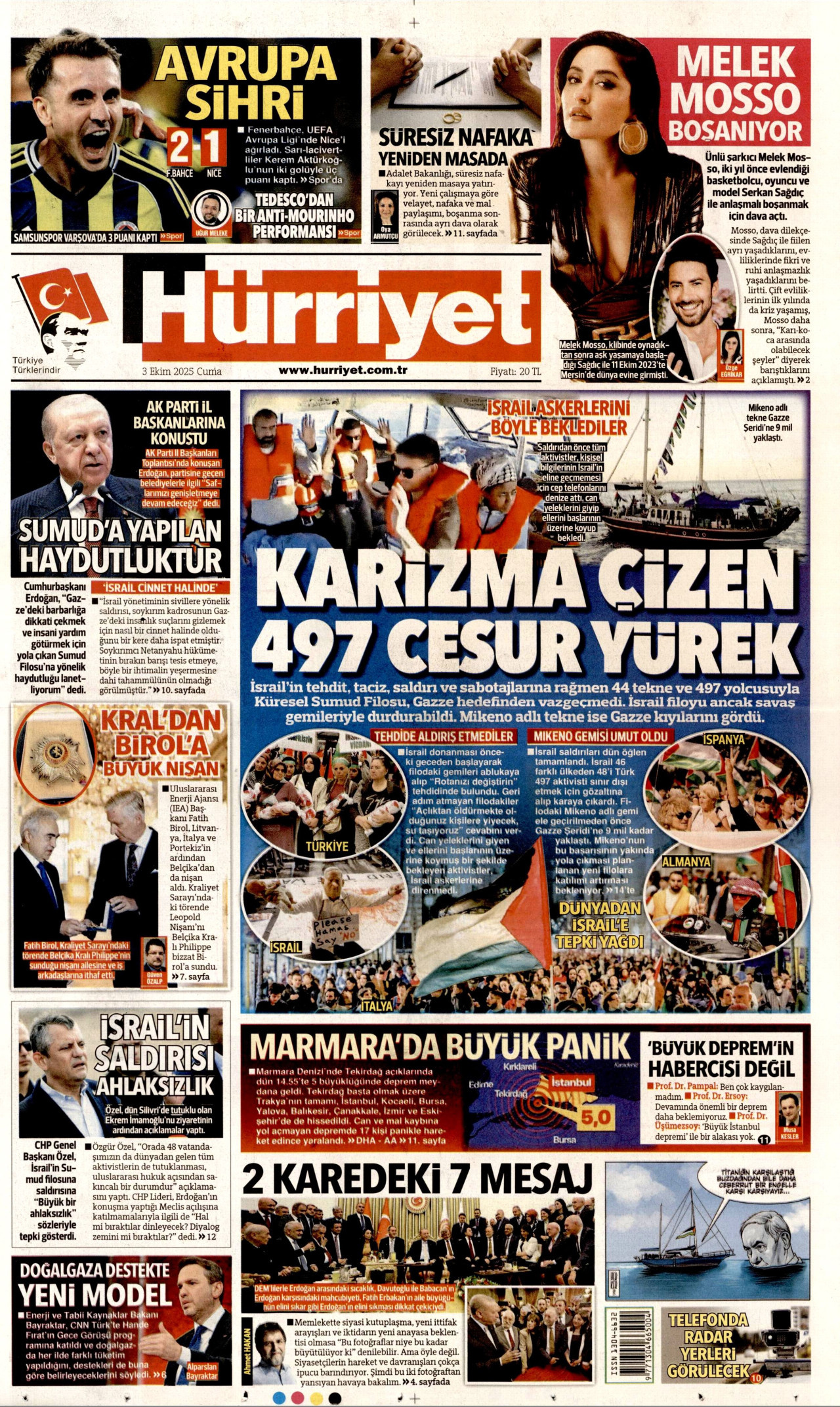 HÜRRİYET gazetesinin 3 Ekim 2025 tarihli birinci sayfası