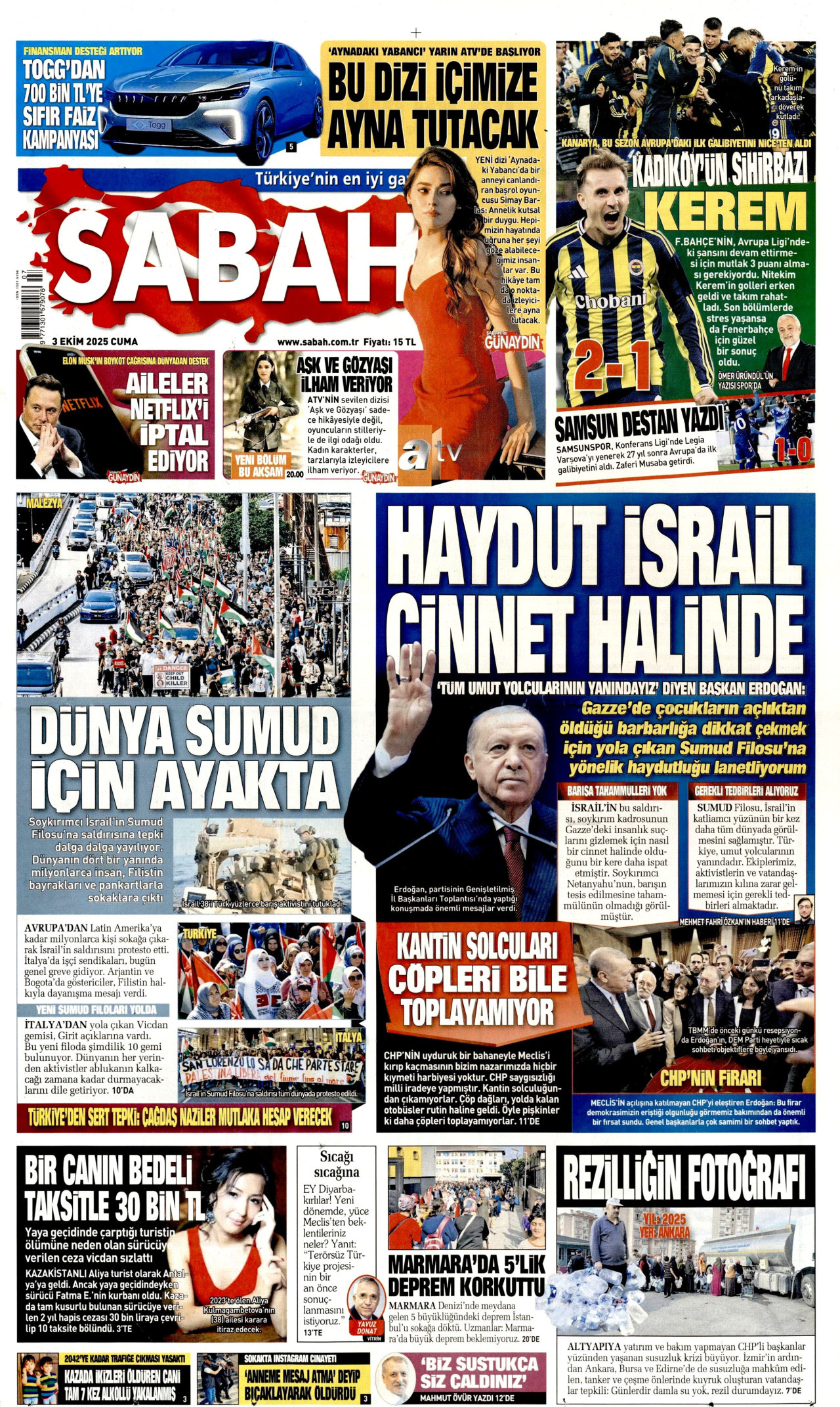 SABAH gazetesinin 3 Ekim 2025 tarihli birinci sayfası