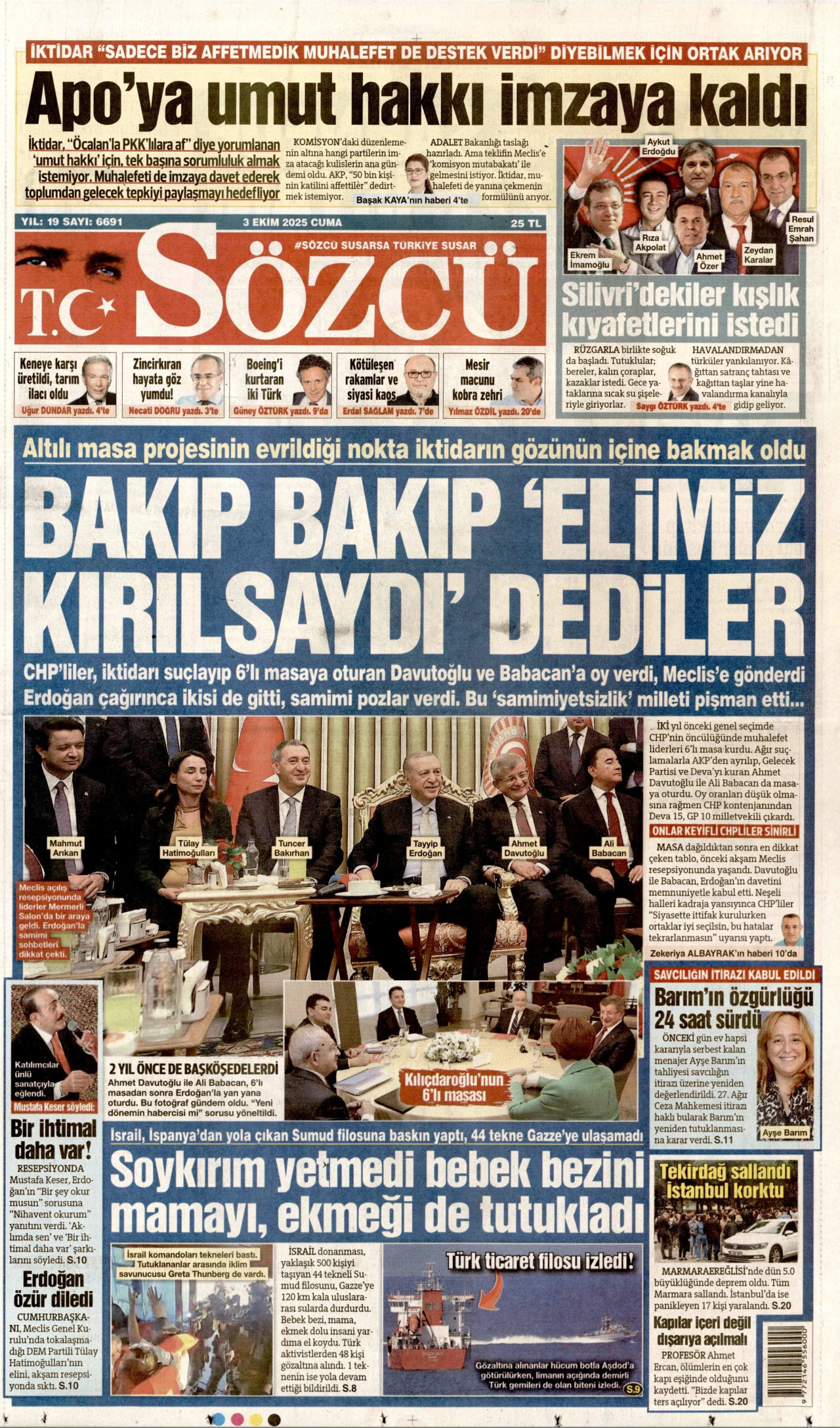 SÖZCÜ gazetesinin 3 Ekim 2025 tarihli birinci sayfası