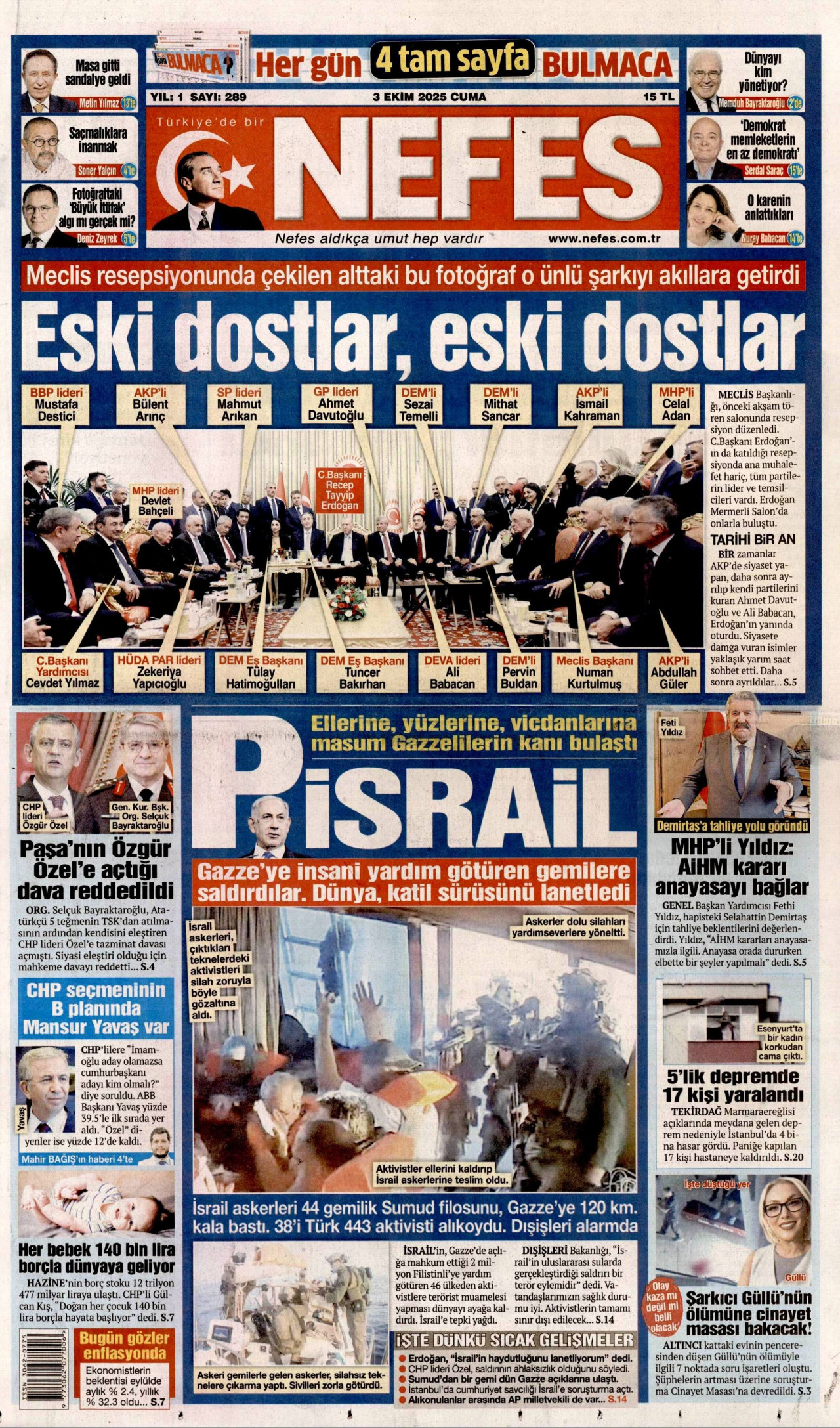 NEFES gazetesinin 3 Ekim 2025 tarihli birinci sayfası