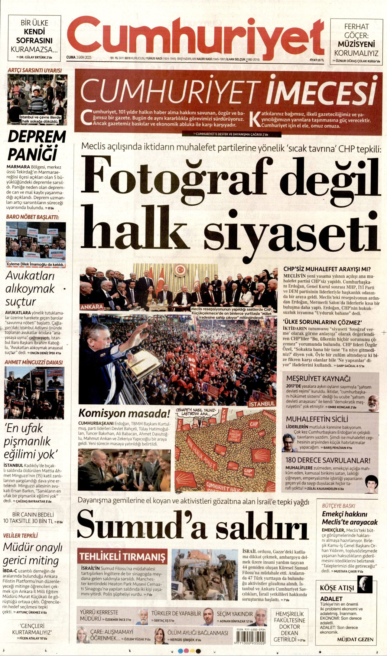 CUMHURİYET gazetesinin 3 Ekim 2025 tarihli birinci sayfası