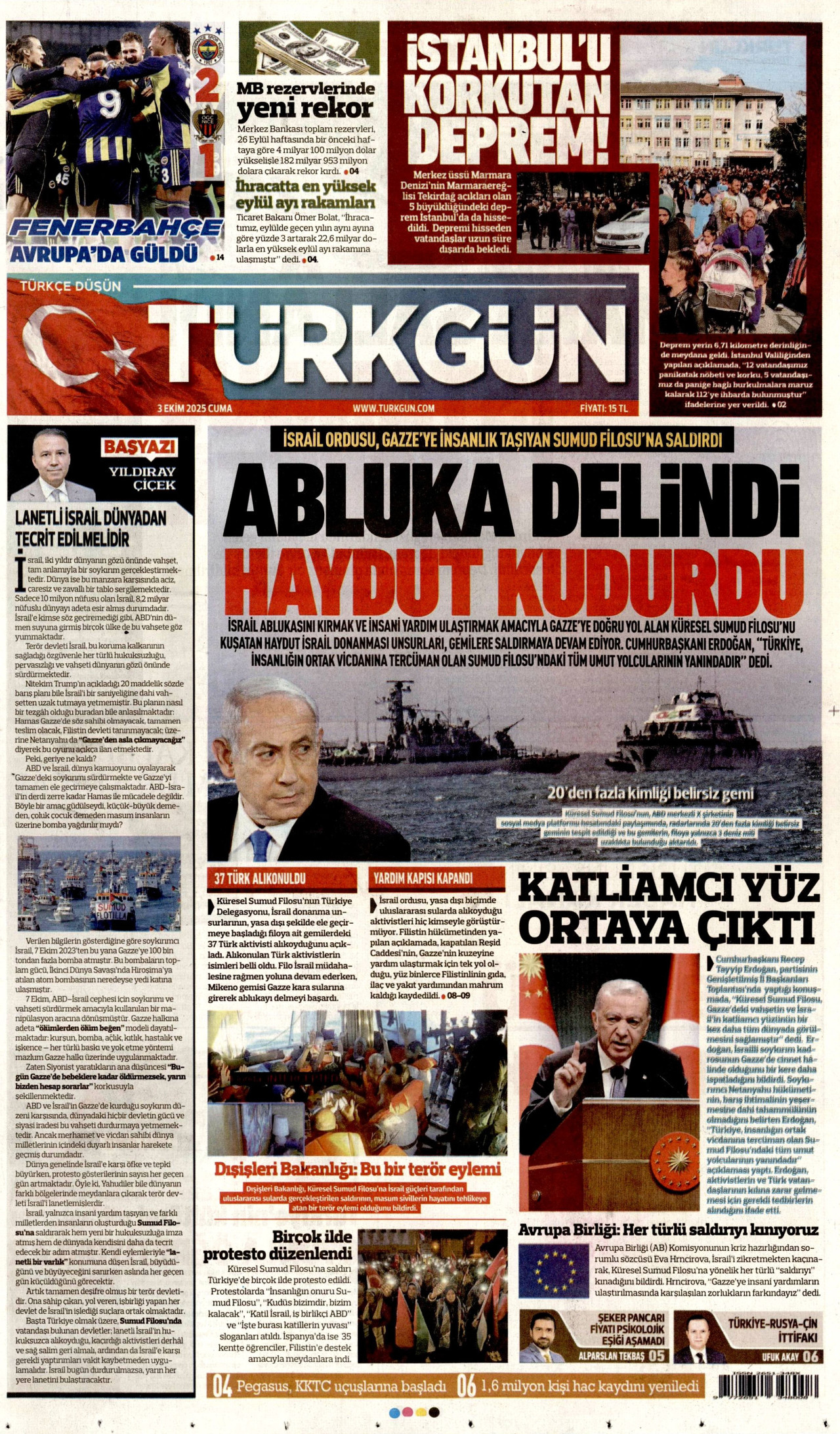 TÜRKGÜN gazetesinin 3 Ekim 2025 tarihli birinci sayfası