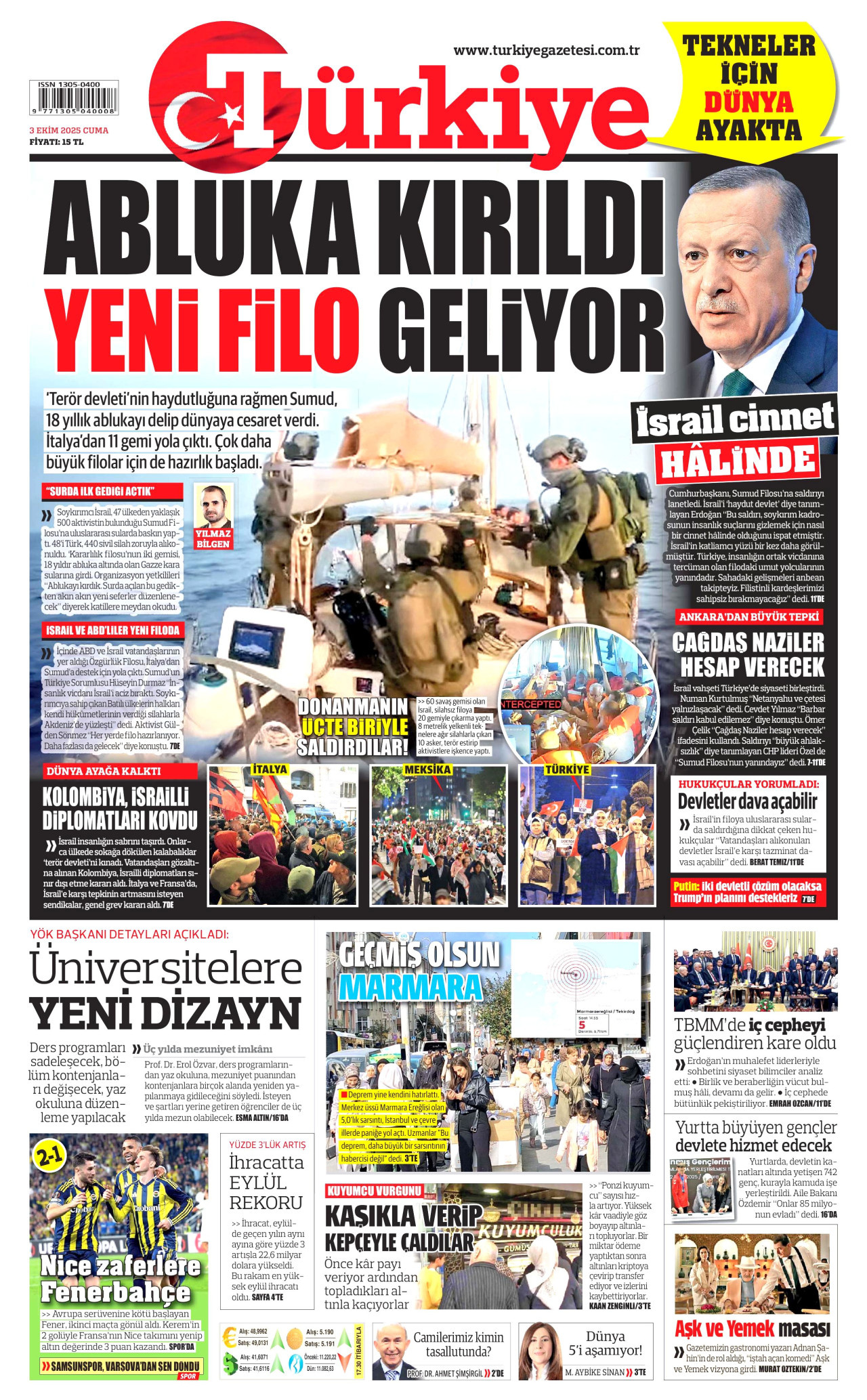 TÜRKİYE GAZETESİ gazetesinin 3 Ekim 2025 tarihli birinci sayfası