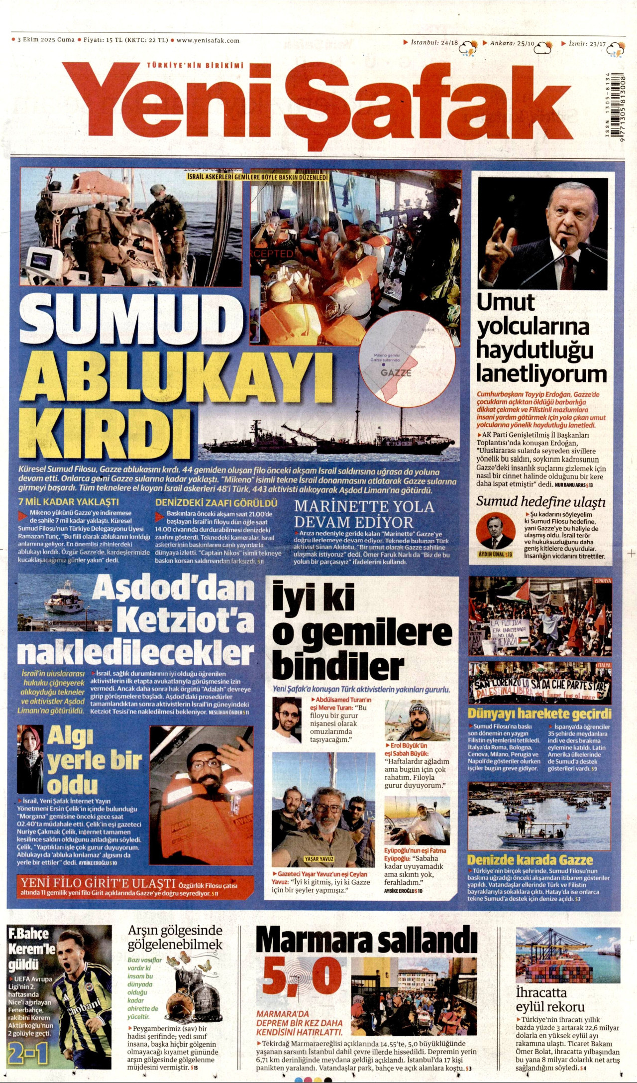YENİ ŞAFAK gazetesinin 3 Ekim 2025 tarihli birinci sayfası