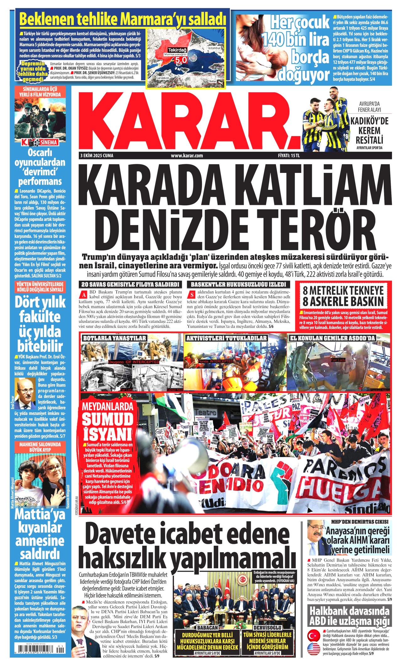 KARAR gazetesinin 3 Ekim 2025 tarihli birinci sayfası