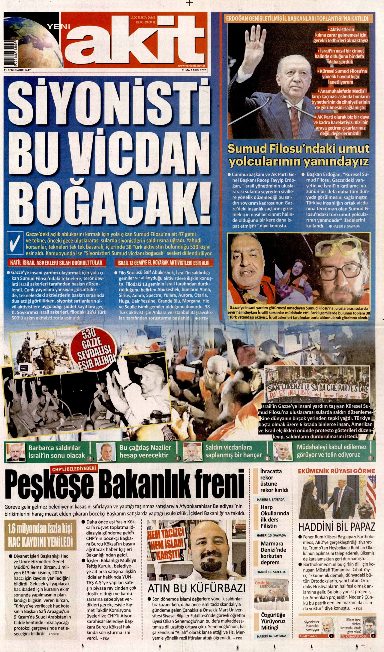 YENİ AKİT gazetesinin 3 Ekim 2025 tarihli birinci sayfası