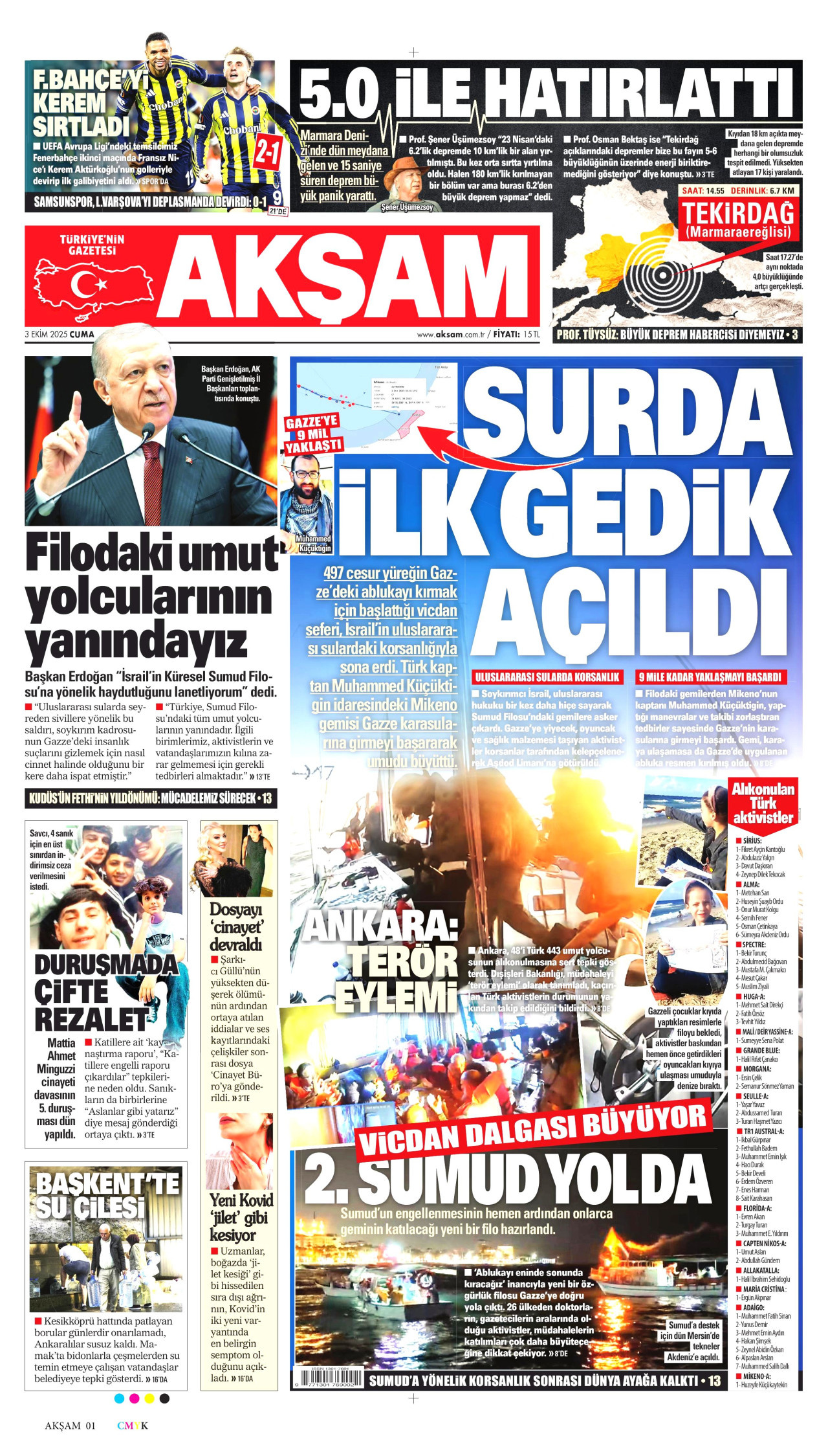 AKŞAM gazetesinin 3 Ekim 2025 tarihli birinci sayfası