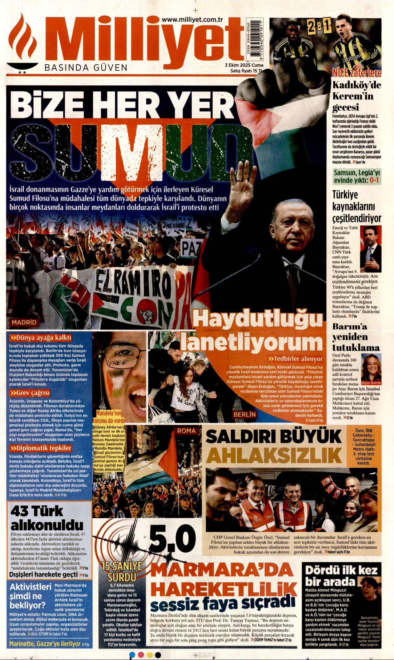 MİLLİYET gazetesinin 3 Ekim 2025 tarihli birinci sayfası