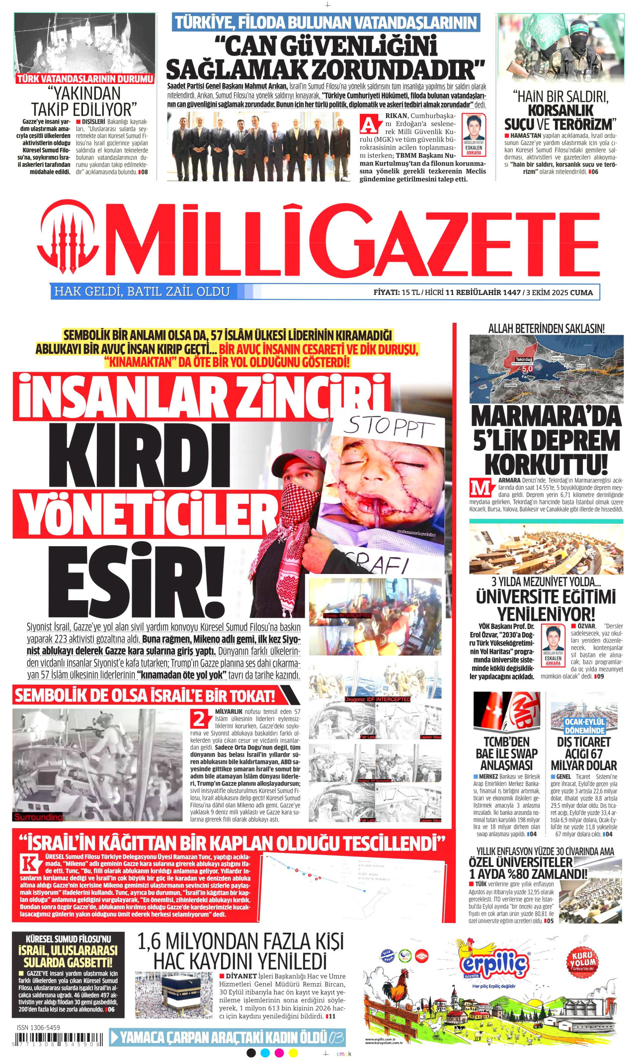 MİLLİ GAZETE gazetesinin 3 Ekim 2025 tarihli birinci sayfası