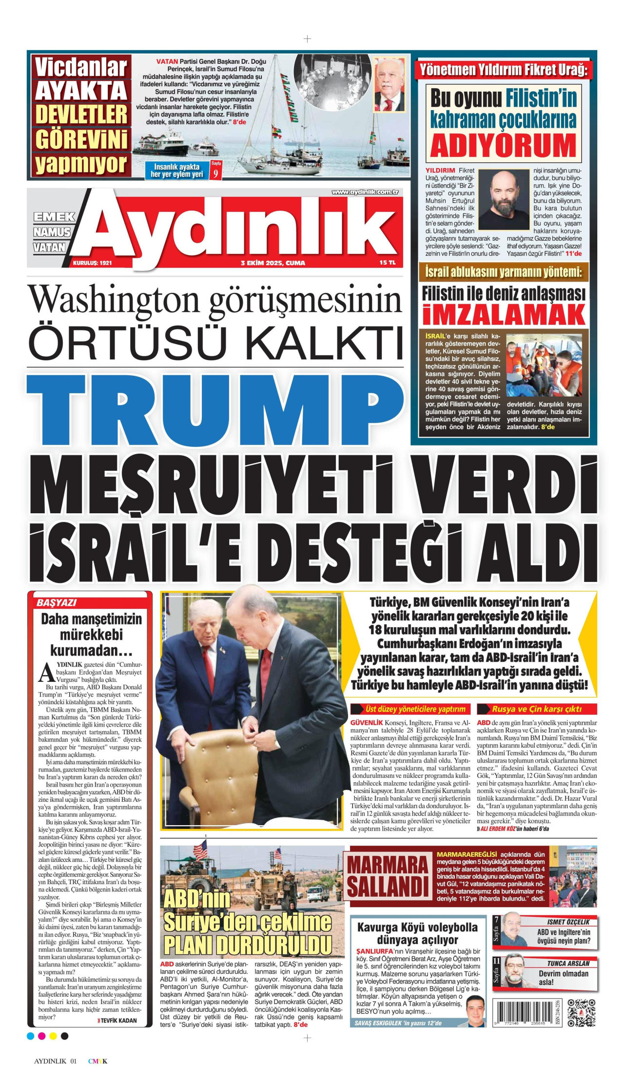 AYDINLIK GAZETESİ gazetesinin 3 Ekim 2025 tarihli birinci sayfası