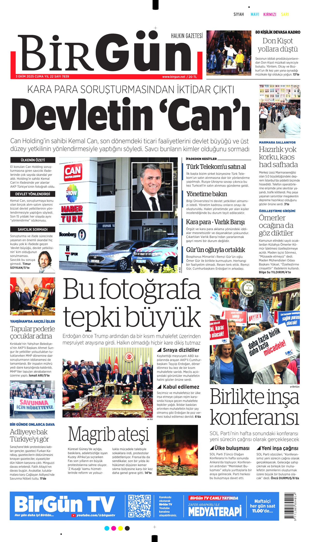 BİRGÜN gazetesinin 3 Ekim 2025 tarihli birinci sayfası