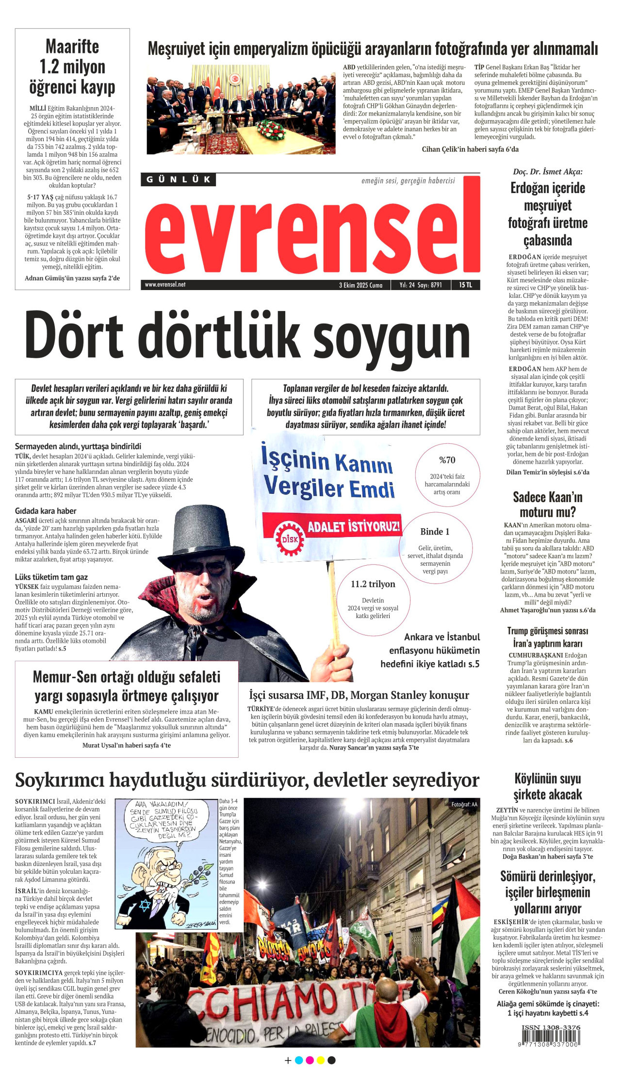 EVRENSEL gazetesinin 3 Ekim 2025 tarihli birinci sayfası