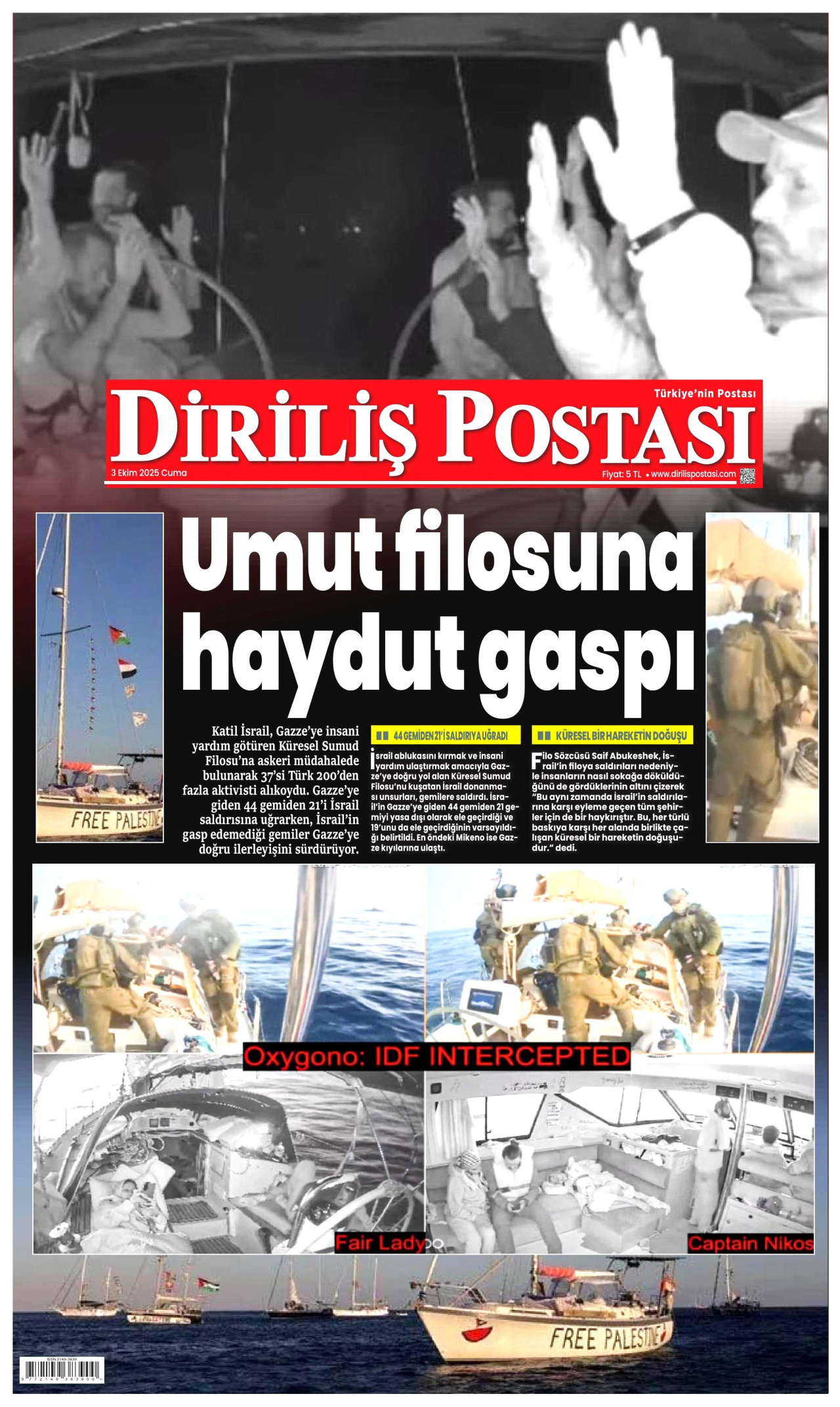DİRİLİŞ POSTASI gazetesinin 3 Ekim 2025 tarihli birinci sayfası
