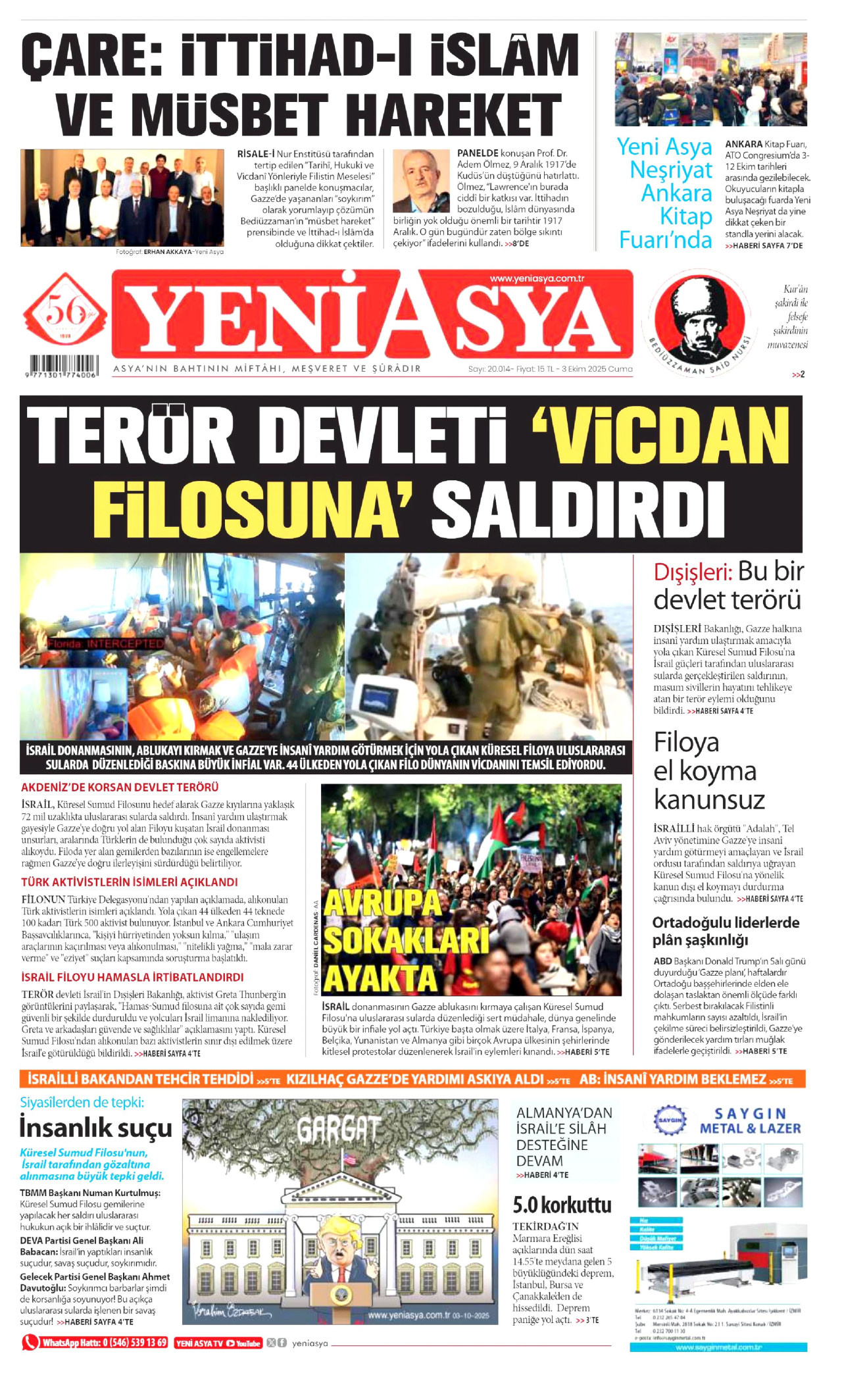 YENİ ASYA gazetesinin 3 Ekim 2025 tarihli birinci sayfası