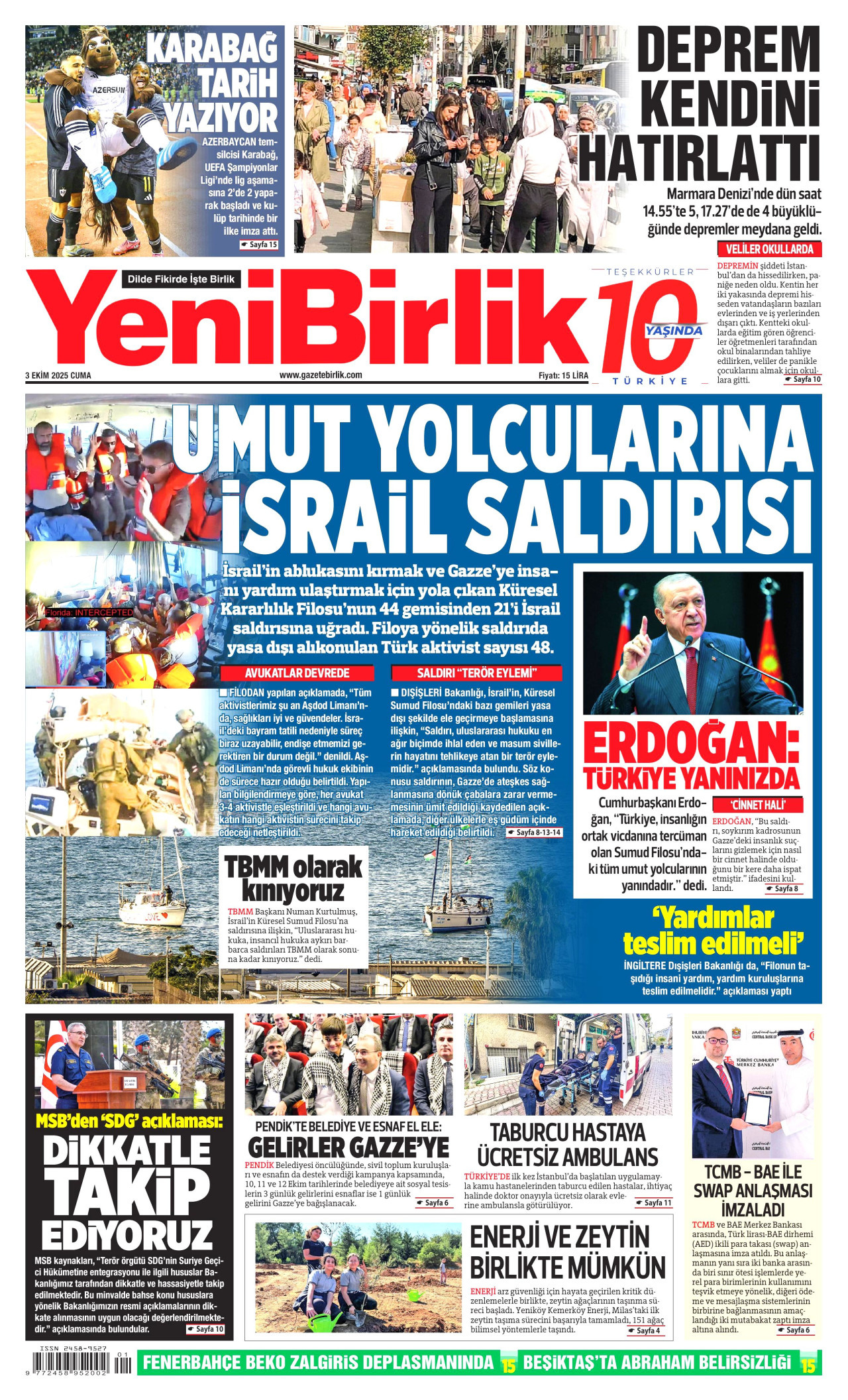 YENİBİRLİK gazetesinin 3 Ekim 2025 tarihli birinci sayfası