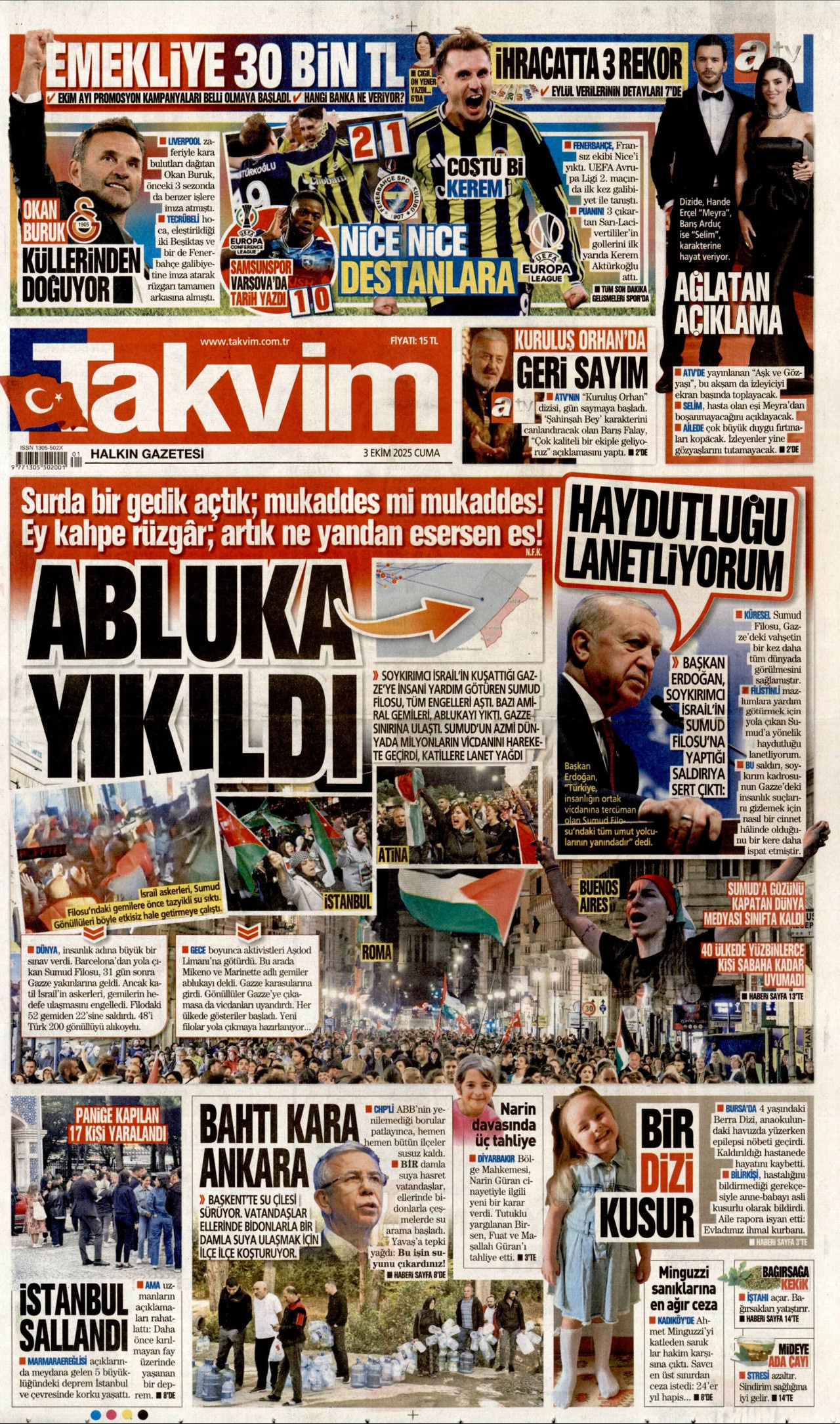 TAKVİM gazetesinin 3 Ekim 2025 tarihli birinci sayfası