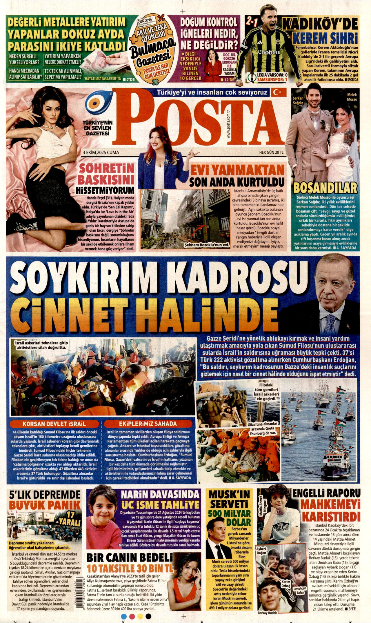 POSTA gazetesinin 3 Ekim 2025 tarihli birinci sayfası