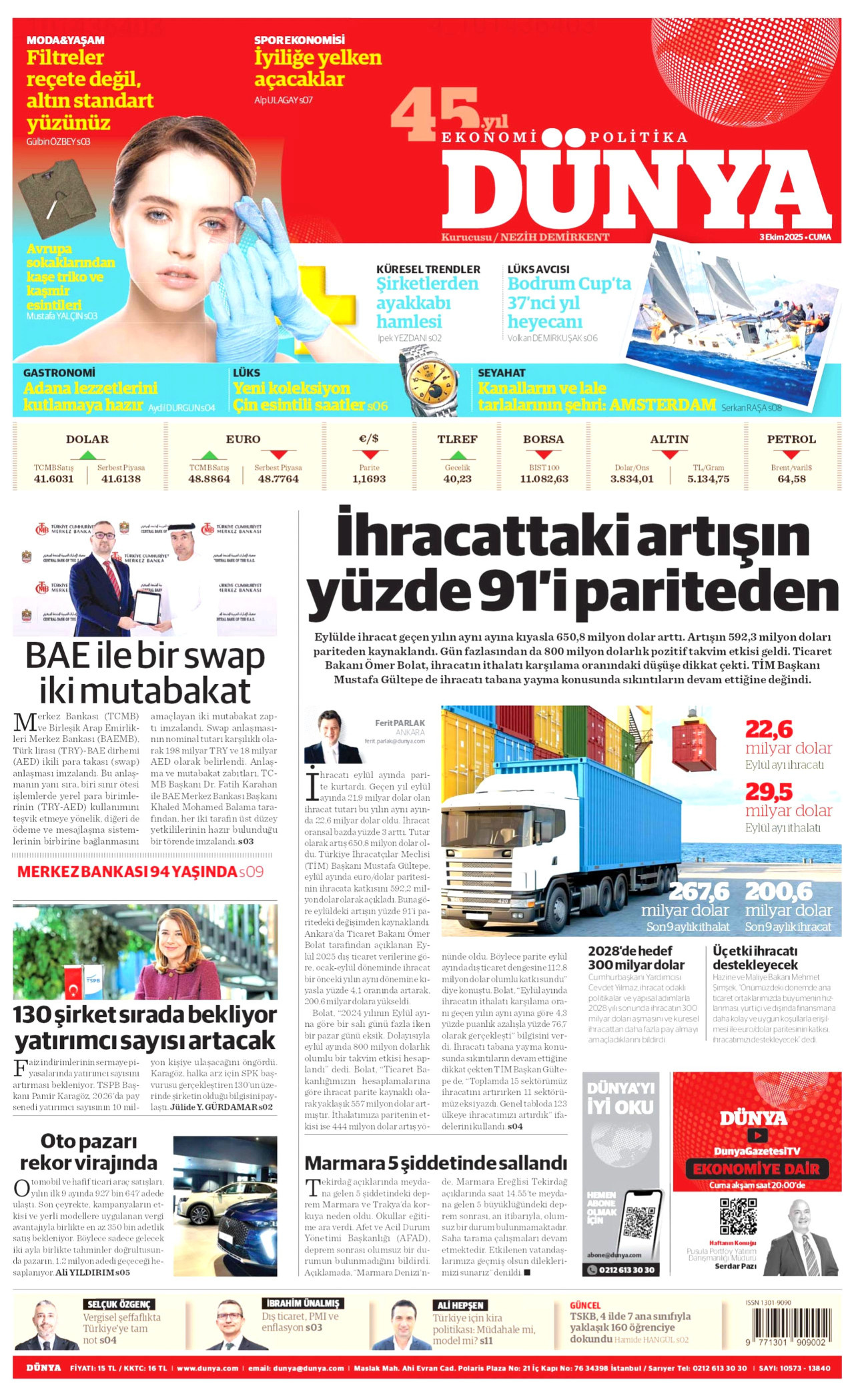 DÜNYA gazetesinin 3 Ekim 2025 tarihli birinci sayfası