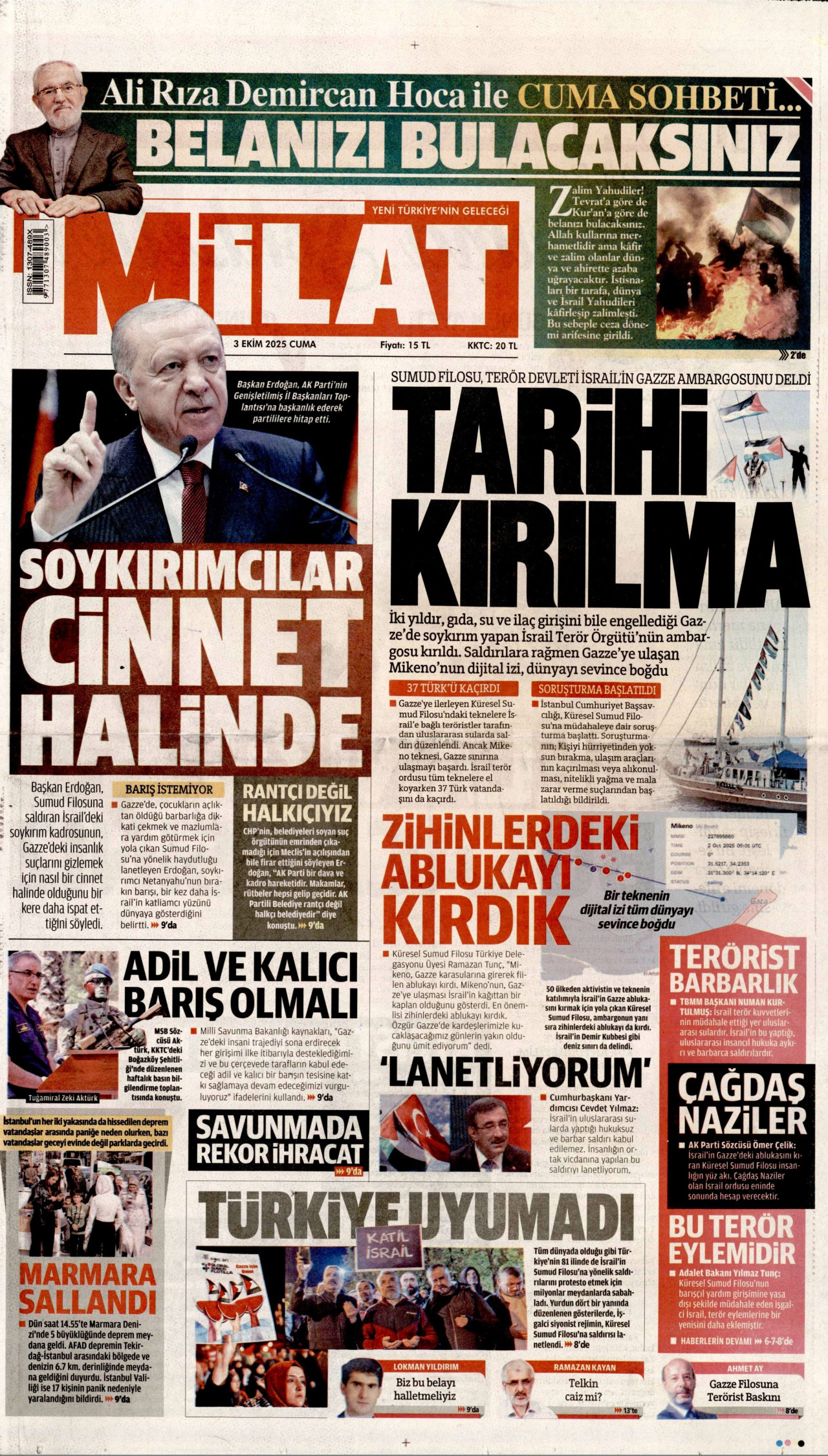 MİLAT gazetesinin 3 Ekim 2025 tarihli birinci sayfası
