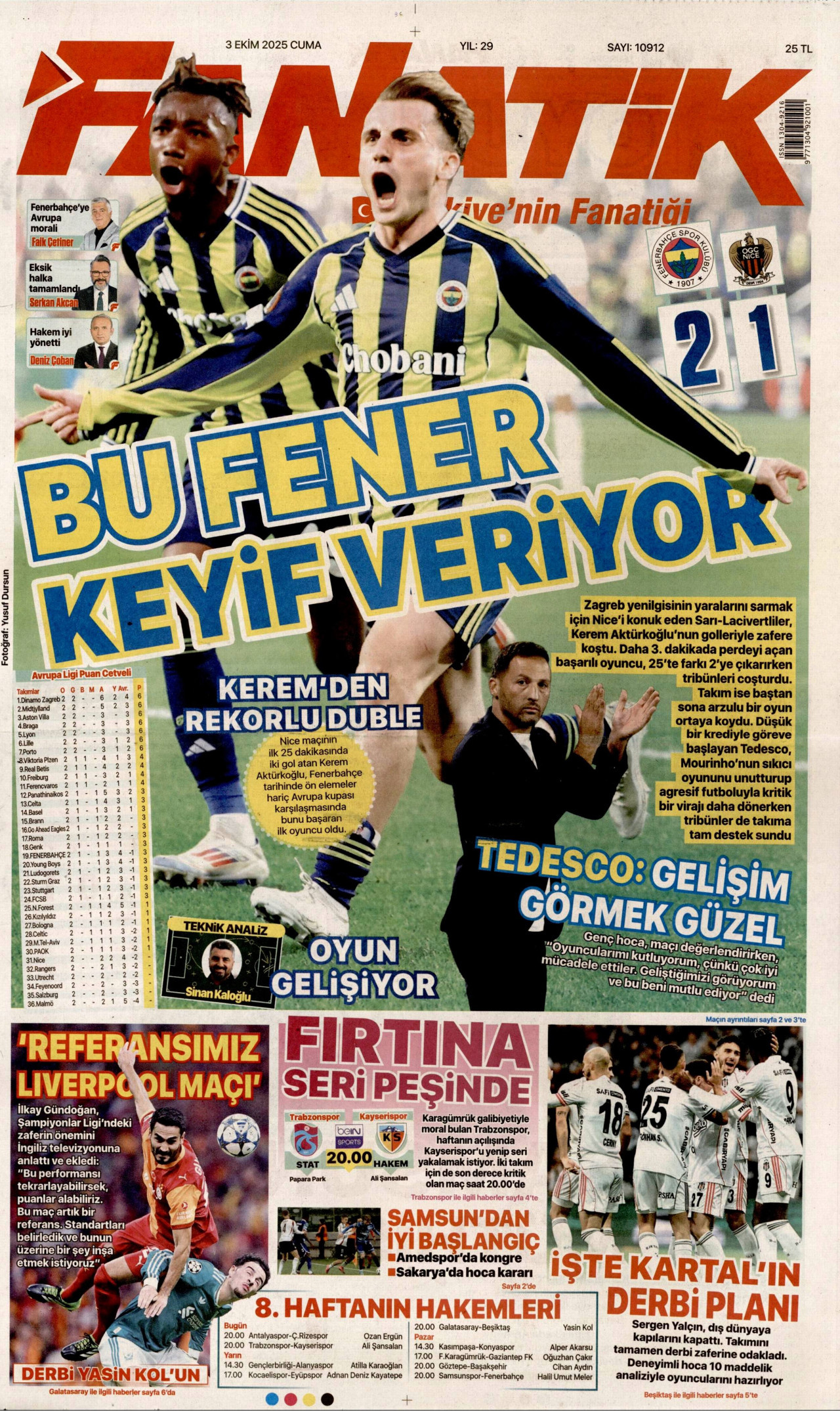 FANATİK gazetesinin 3 Ekim 2025 tarihli birinci sayfası