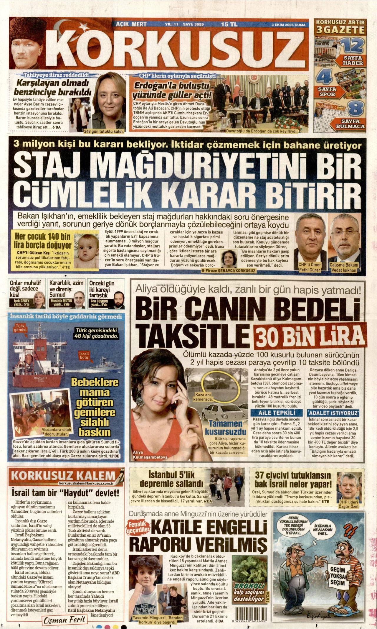KORKUSUZ gazetesinin 3 Ekim 2025 tarihli birinci sayfası