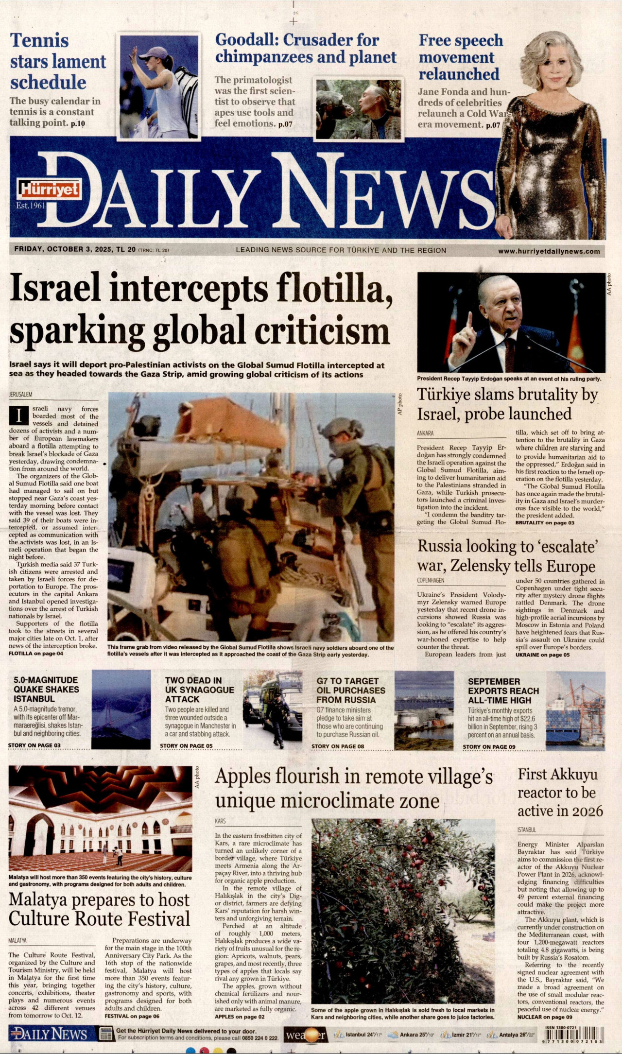 HÜRRİYET DAİLY NEWS gazetesinin 3 Ekim 2025 tarihli birinci sayfası