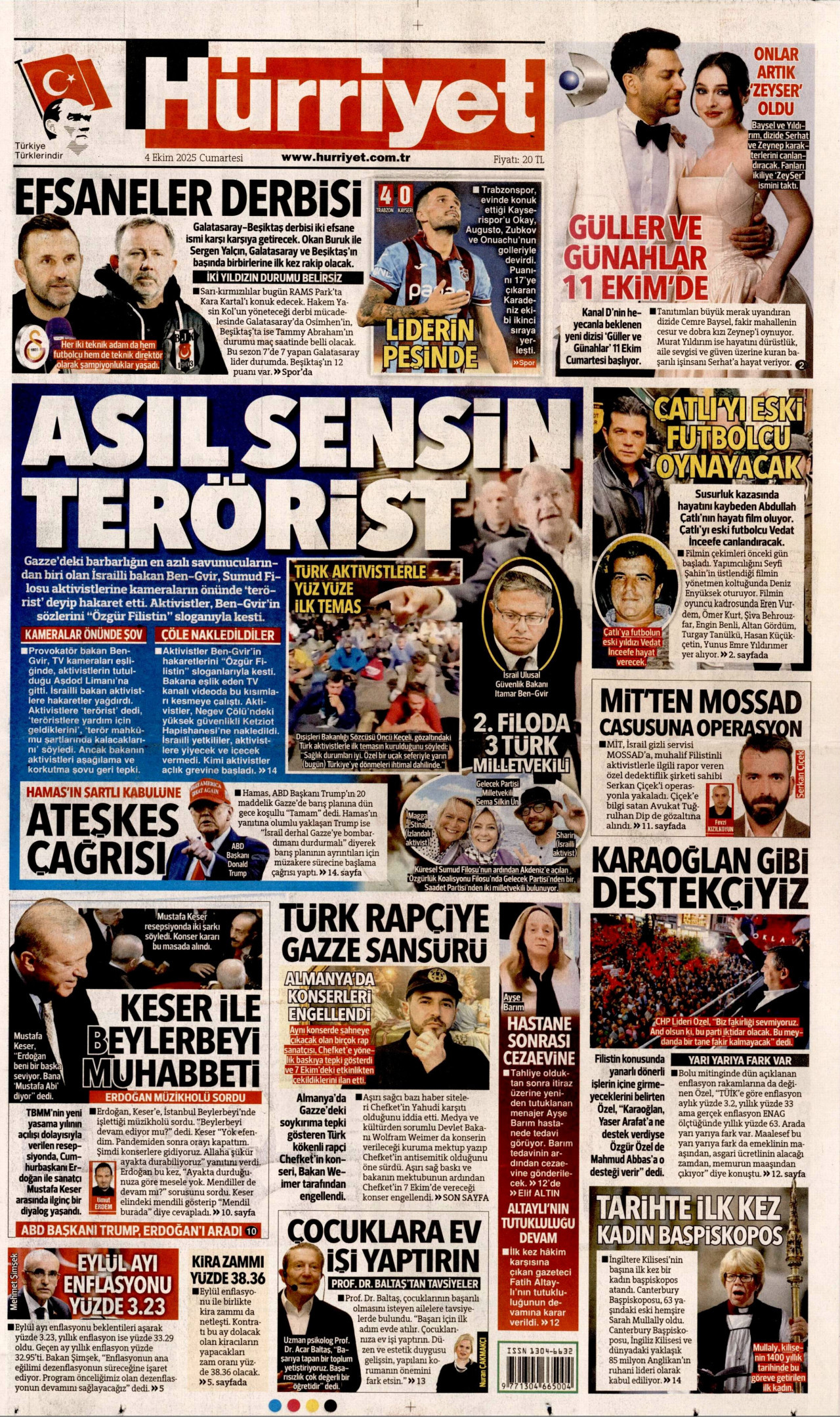HÜRRİYET gazetesinin 4 Ekim 2025 tarihli birinci sayfası
