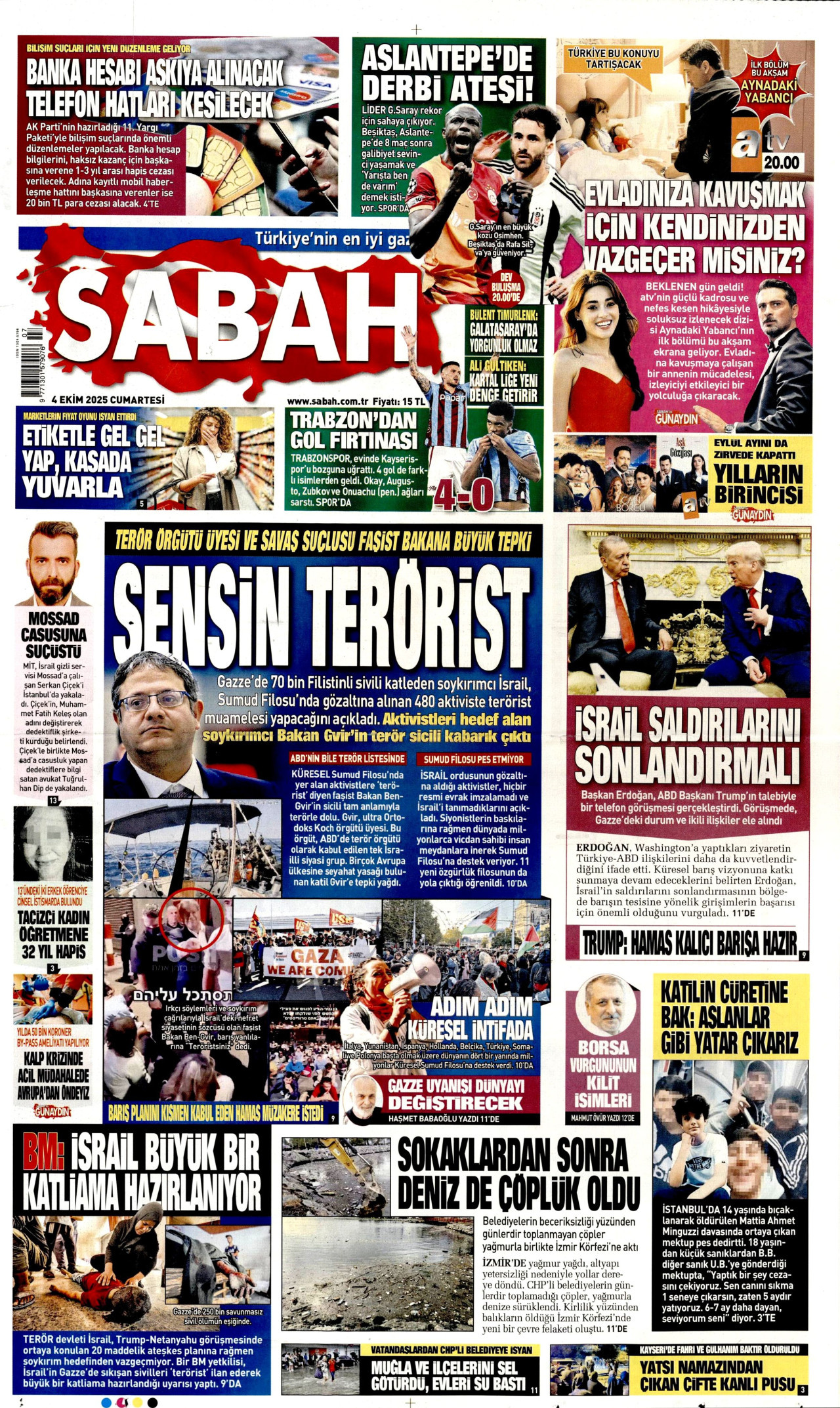 SABAH gazetesinin 4 Ekim 2025 tarihli birinci sayfası