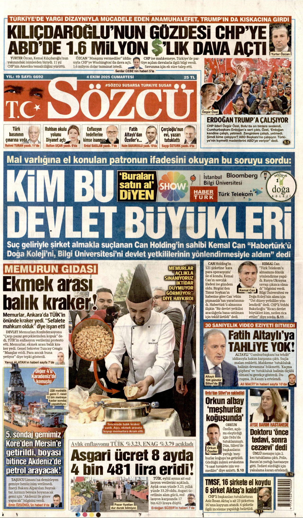 SÖZCÜ gazetesinin 4 Ekim 2025 tarihli birinci sayfası