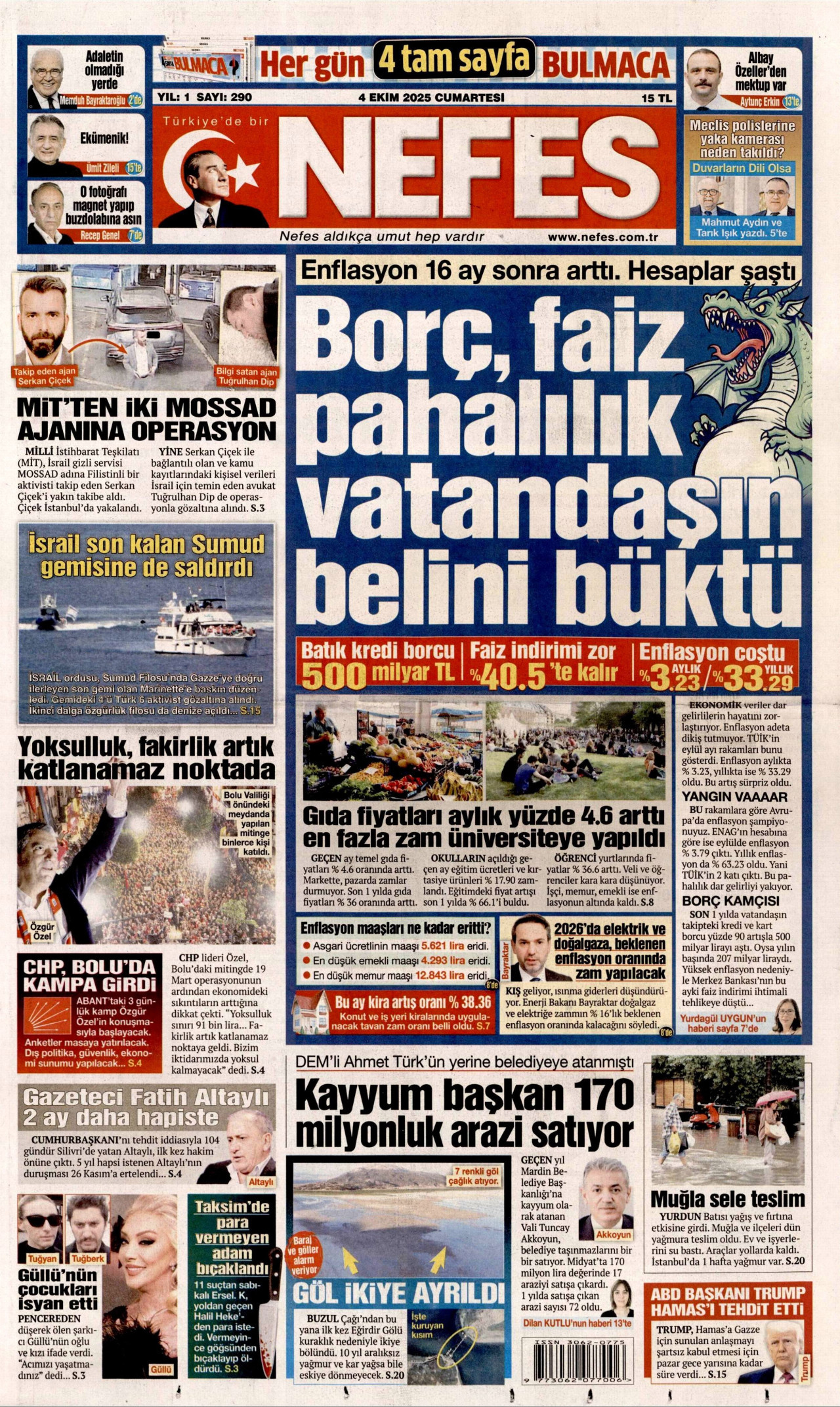 NEFES gazetesinin 4 Ekim 2025 tarihli birinci sayfası