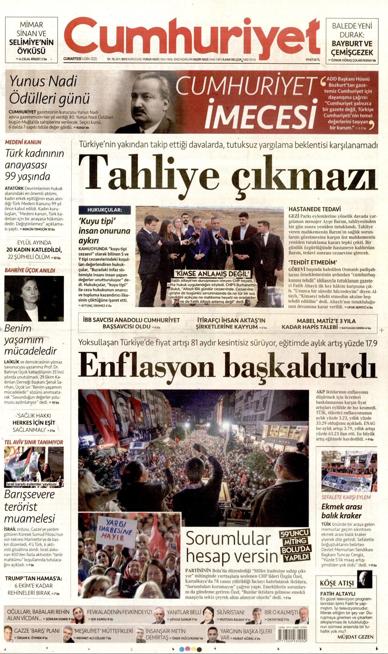 CUMHURİYET gazetesinin 4 Ekim 2025 tarihli birinci sayfası