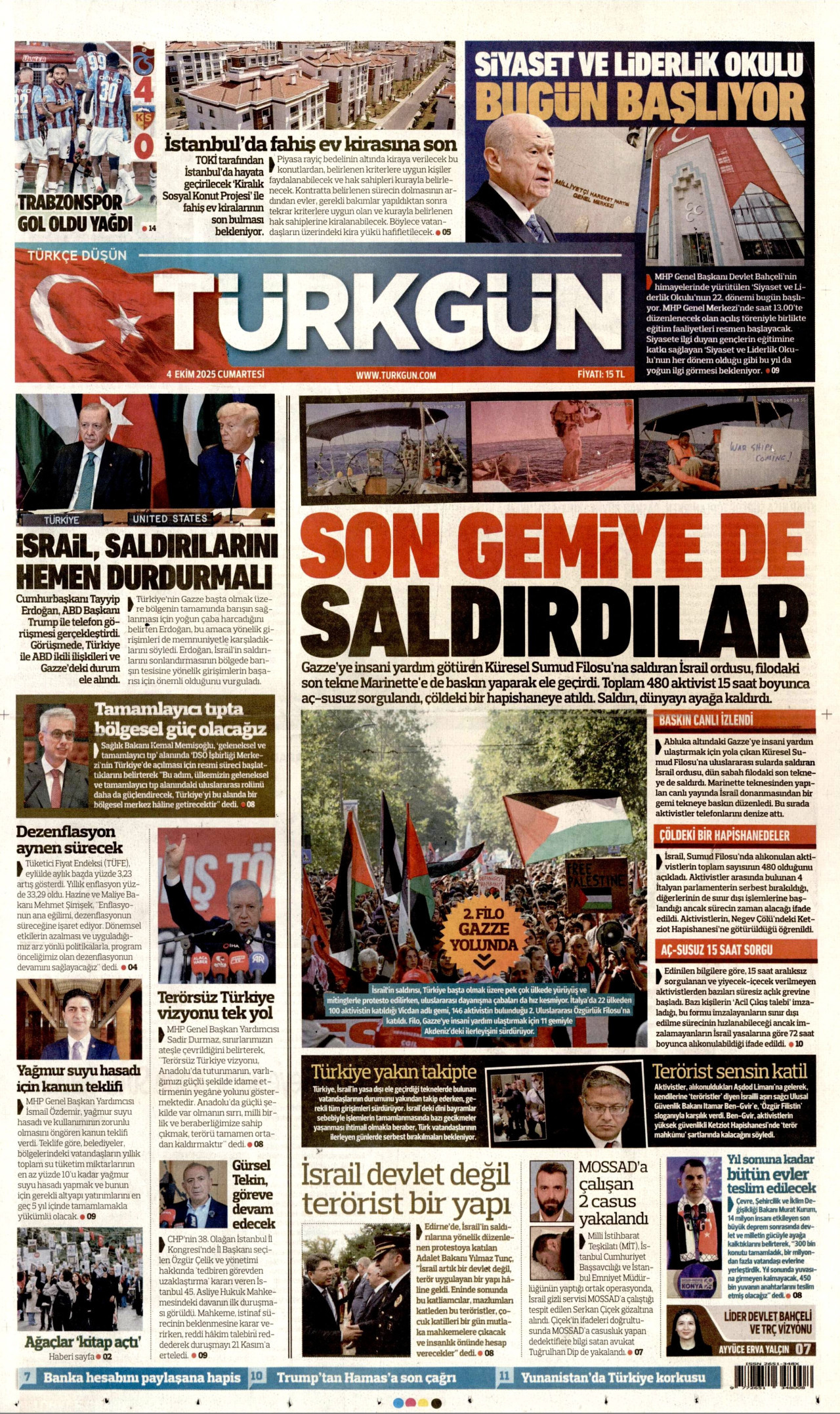TÜRKGÜN gazetesinin 4 Ekim 2025 tarihli birinci sayfası