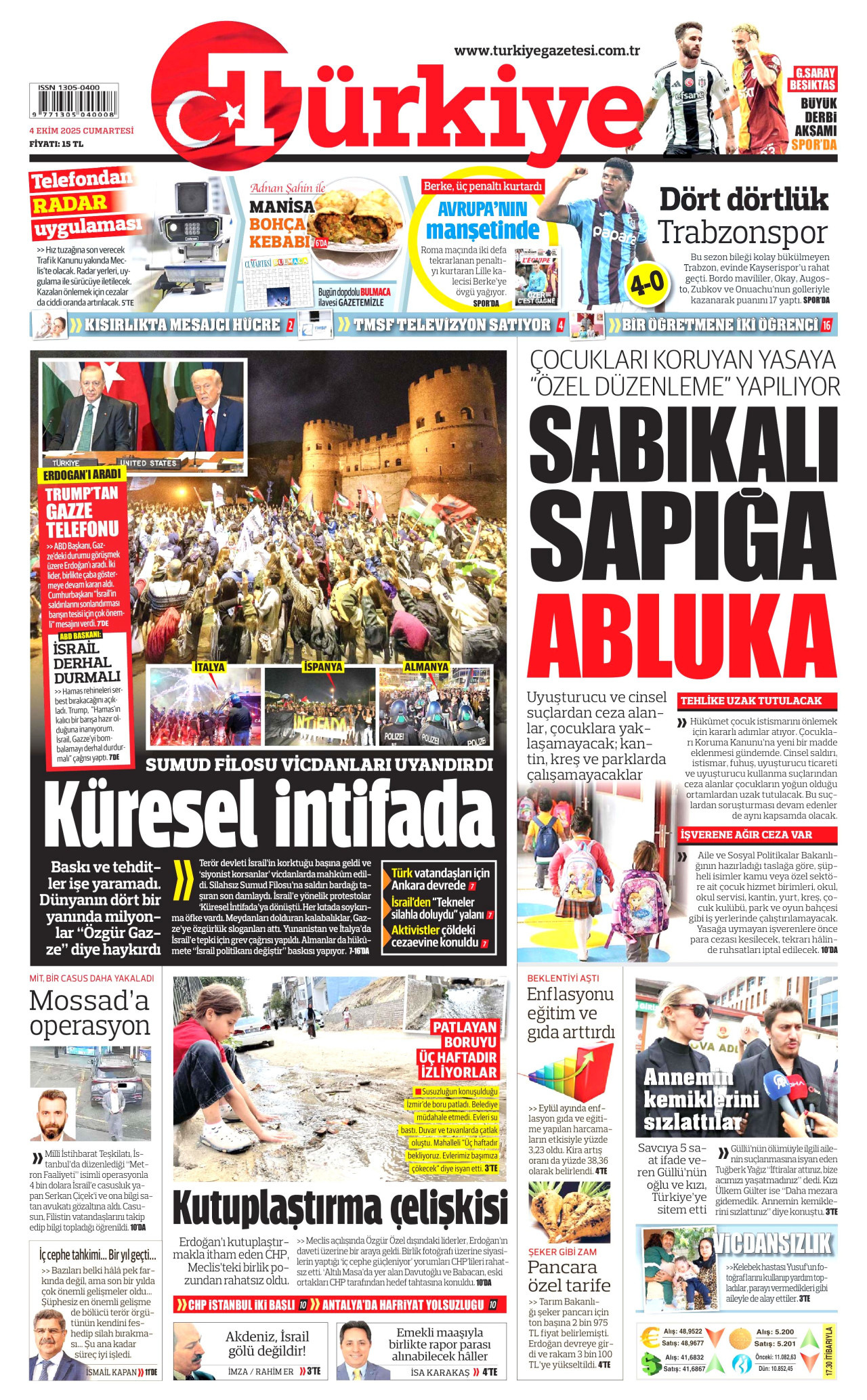 TÜRKİYE GAZETESİ gazetesinin 4 Ekim 2025 tarihli birinci sayfası