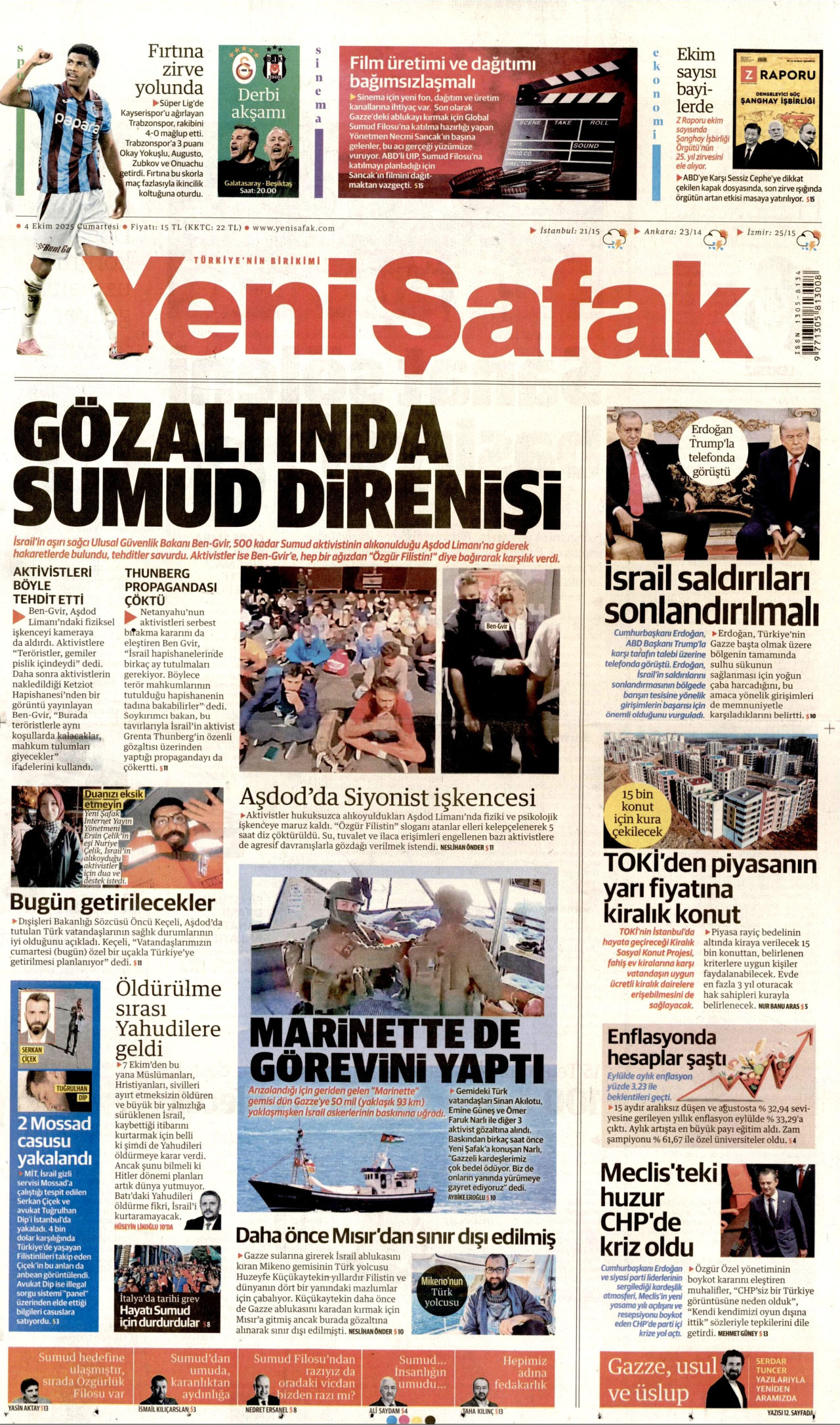 YENİ ŞAFAK gazetesinin 4 Ekim 2025 tarihli birinci sayfası