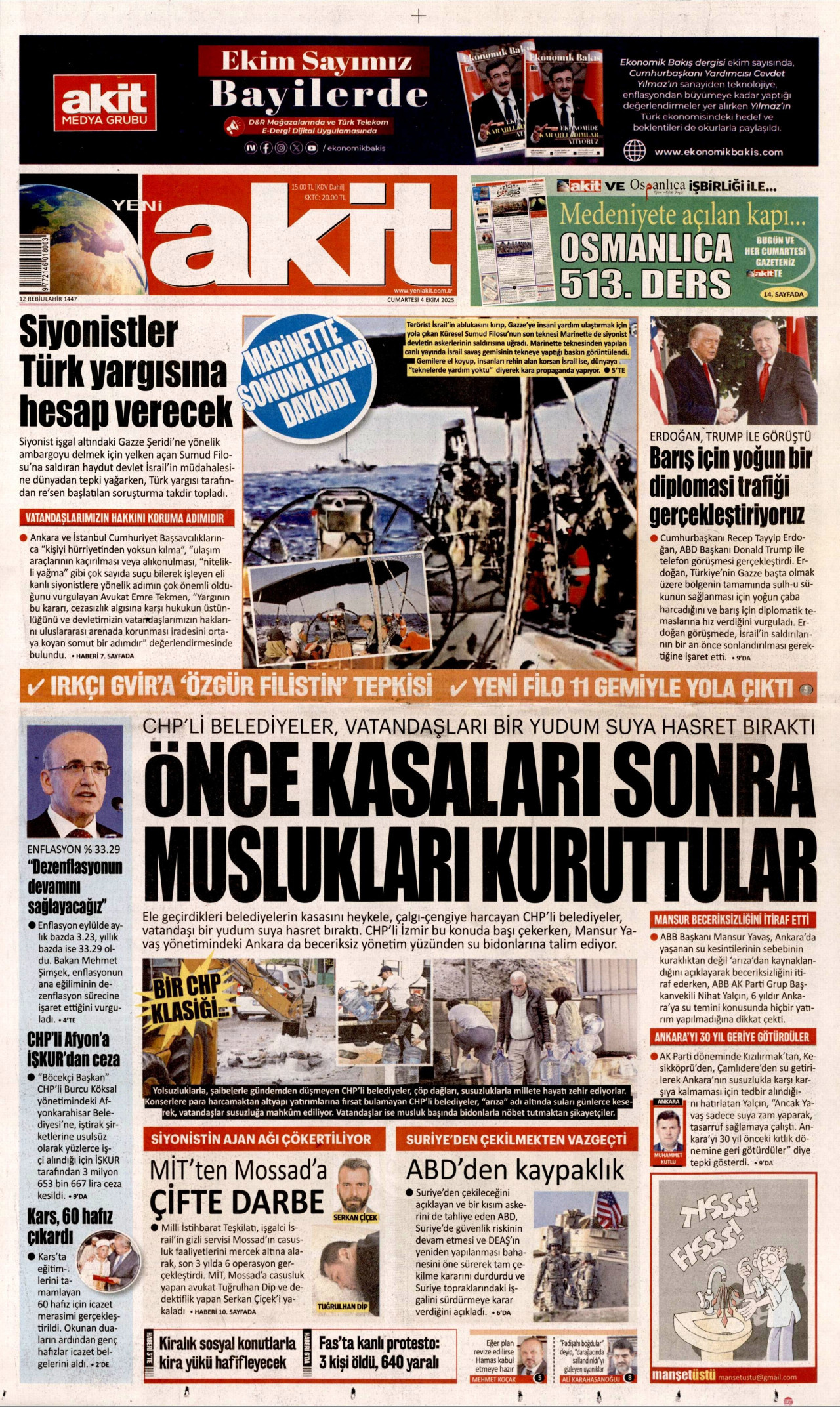 YENİ AKİT gazetesinin 4 Ekim 2025 tarihli birinci sayfası