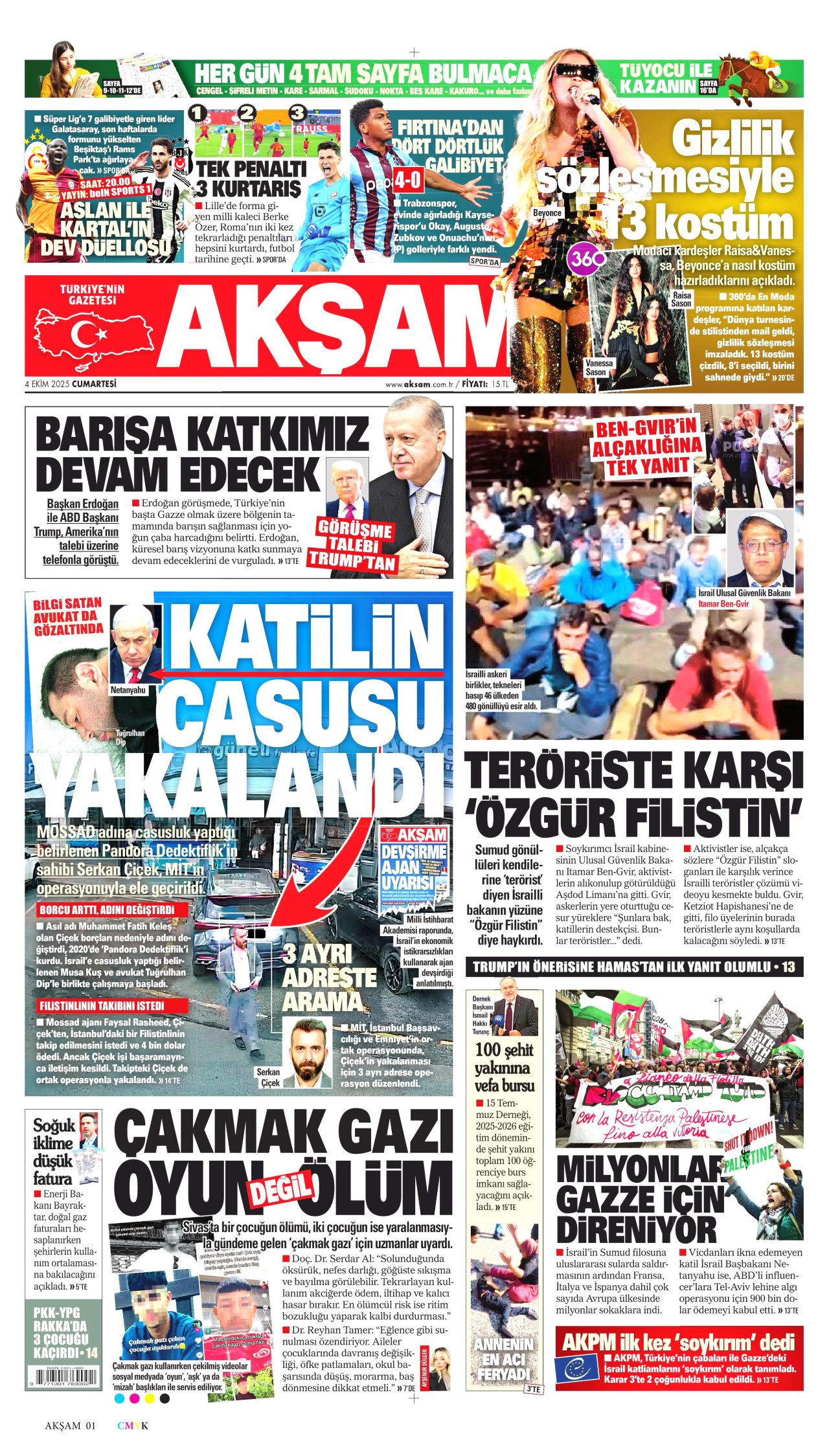 AKŞAM gazetesinin 4 Ekim 2025 tarihli birinci sayfası