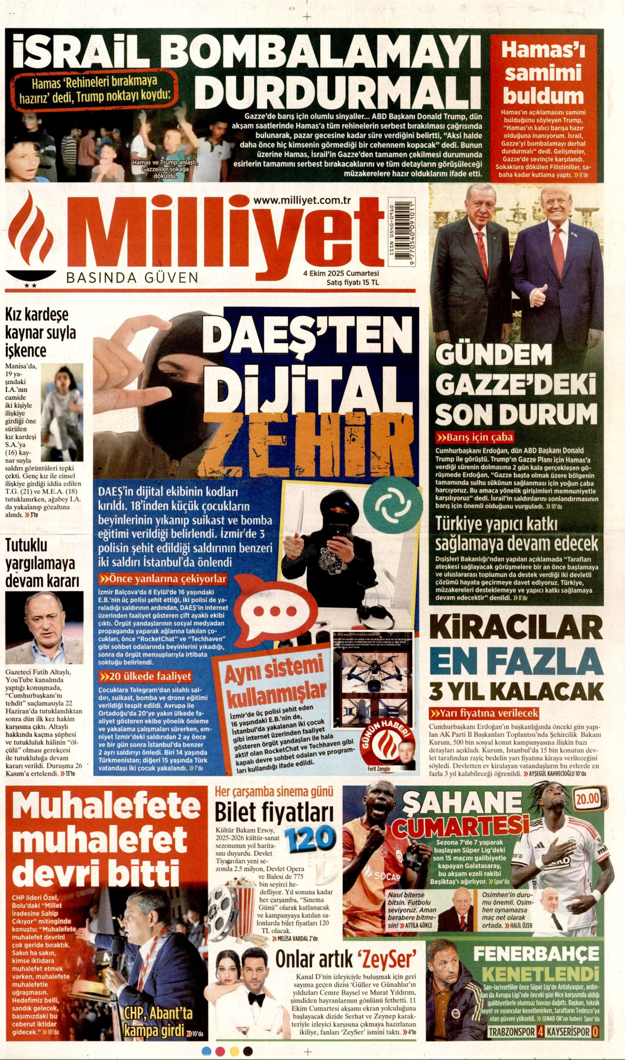MİLLİYET gazetesinin 4 Ekim 2025 tarihli birinci sayfası