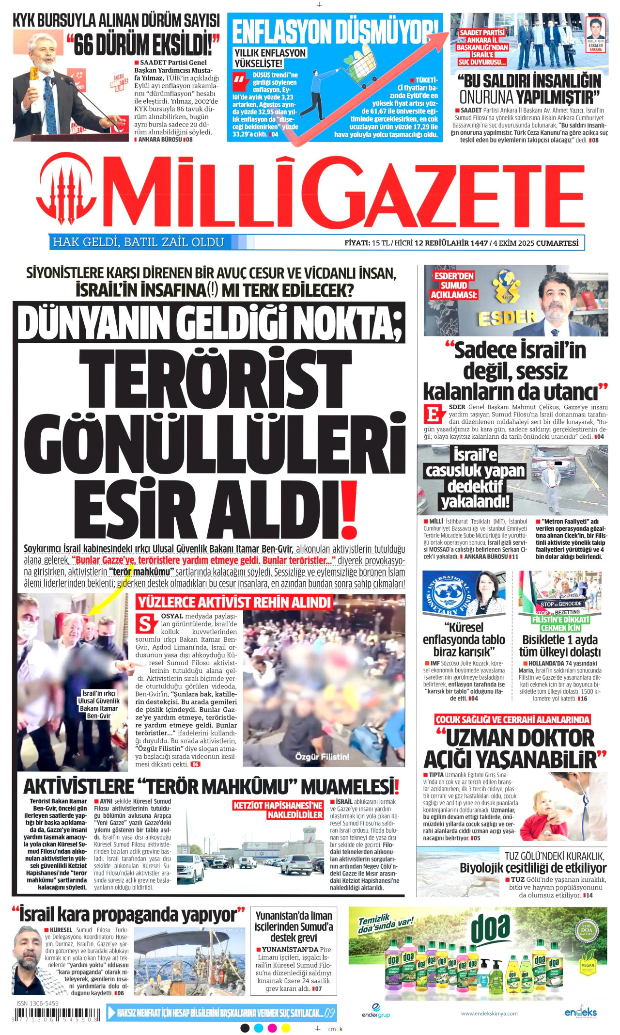 MİLLİ GAZETE gazetesinin 4 Ekim 2025 tarihli birinci sayfası