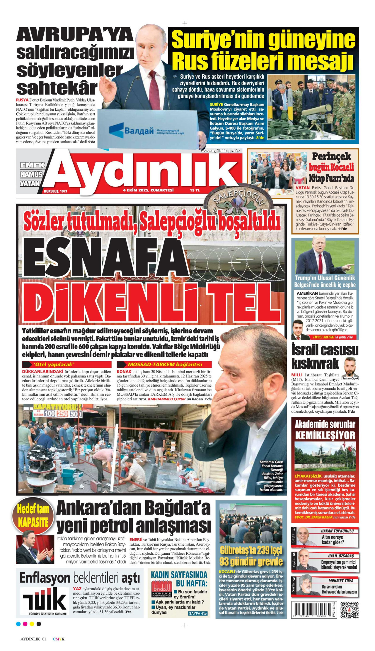 AYDINLIK GAZETESİ gazetesinin 4 Ekim 2025 tarihli birinci sayfası