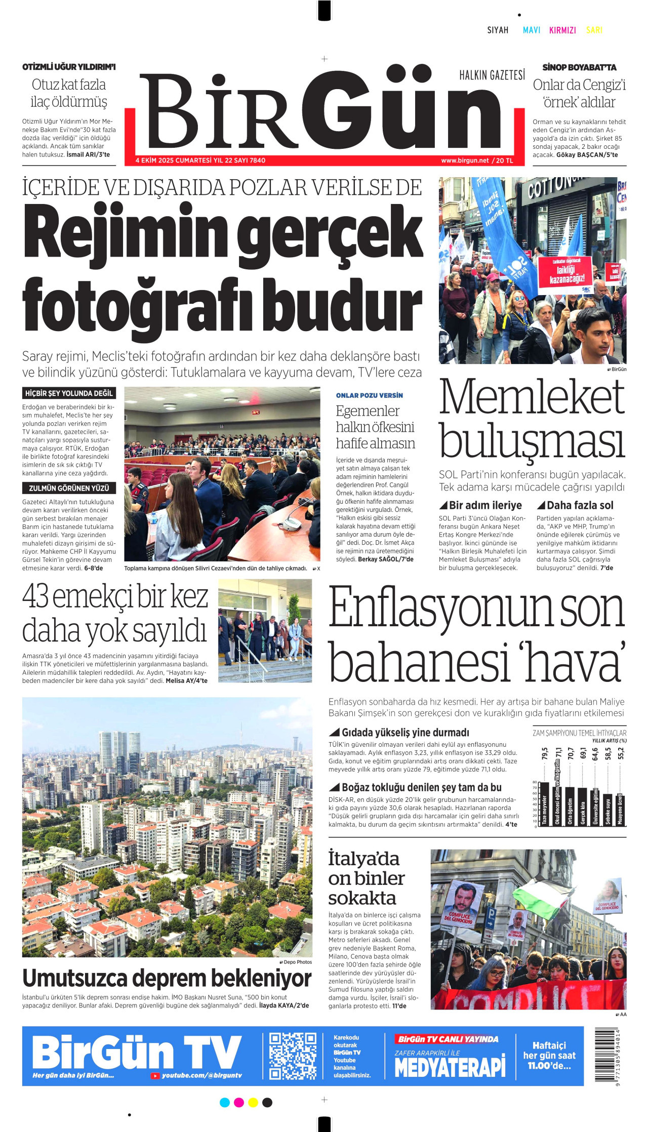 BİRGÜN gazetesinin 4 Ekim 2025 tarihli birinci sayfası