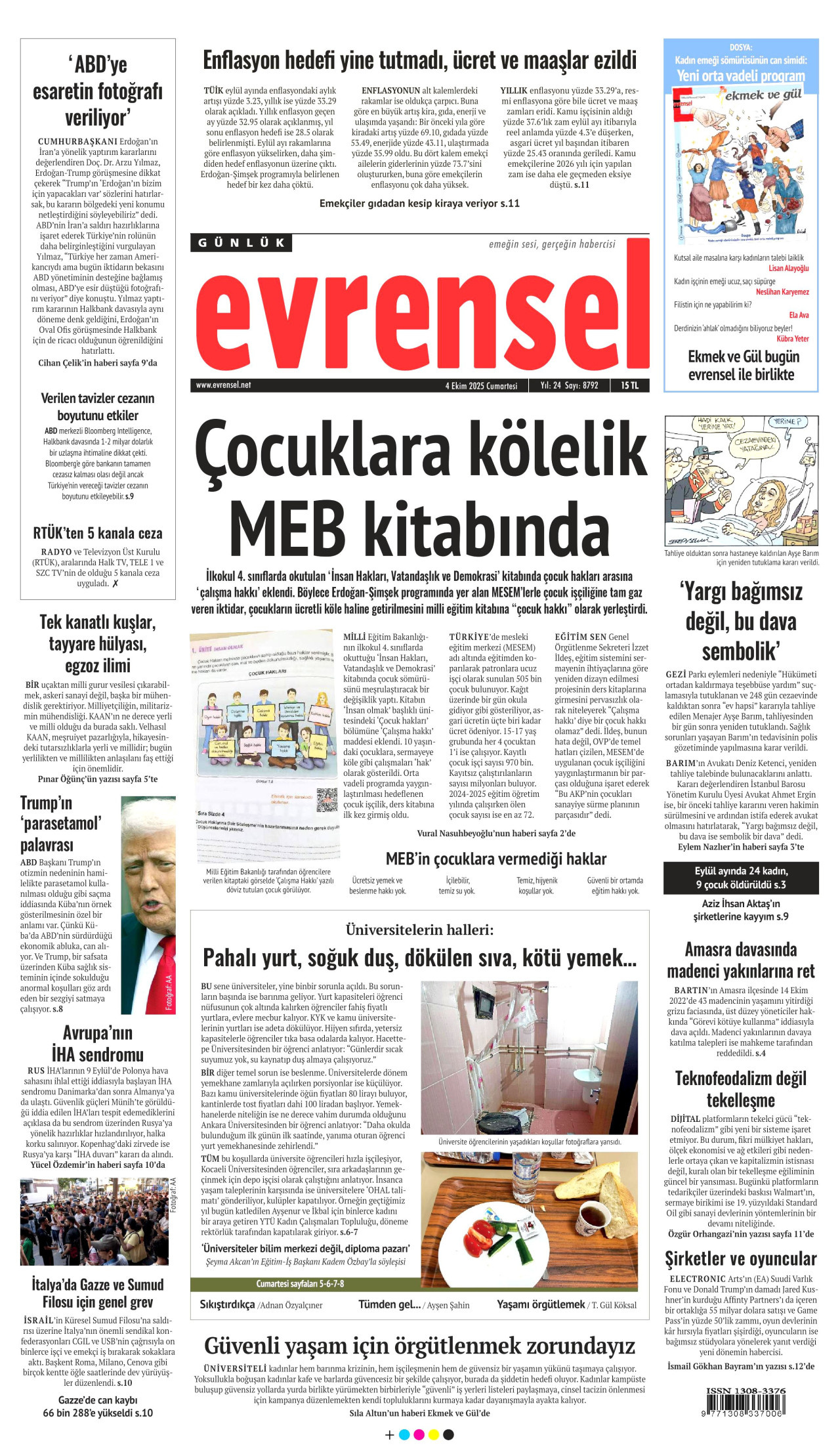EVRENSEL gazetesinin 4 Ekim 2025 tarihli birinci sayfası