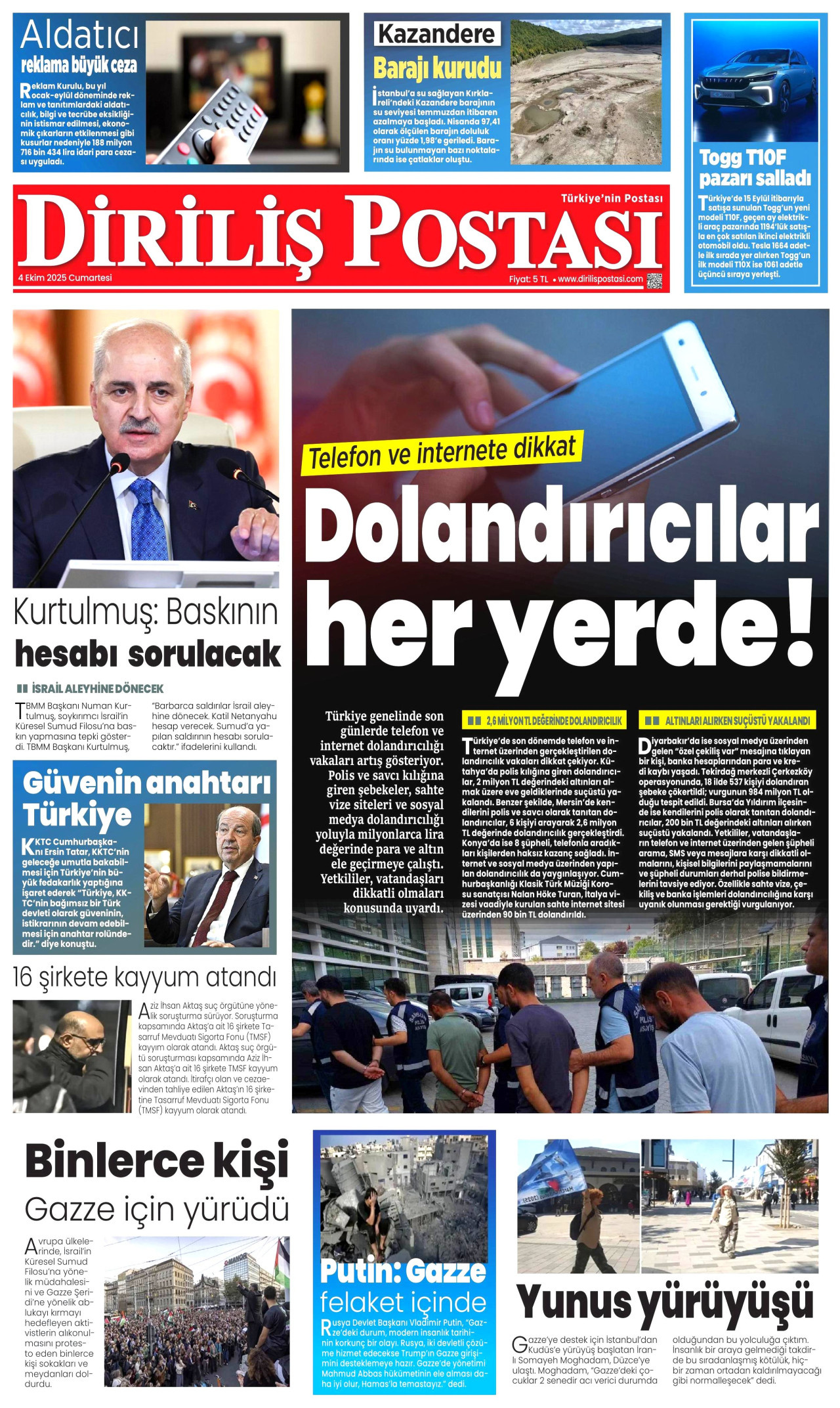 DİRİLİŞ POSTASI gazetesinin 4 Ekim 2025 tarihli birinci sayfası