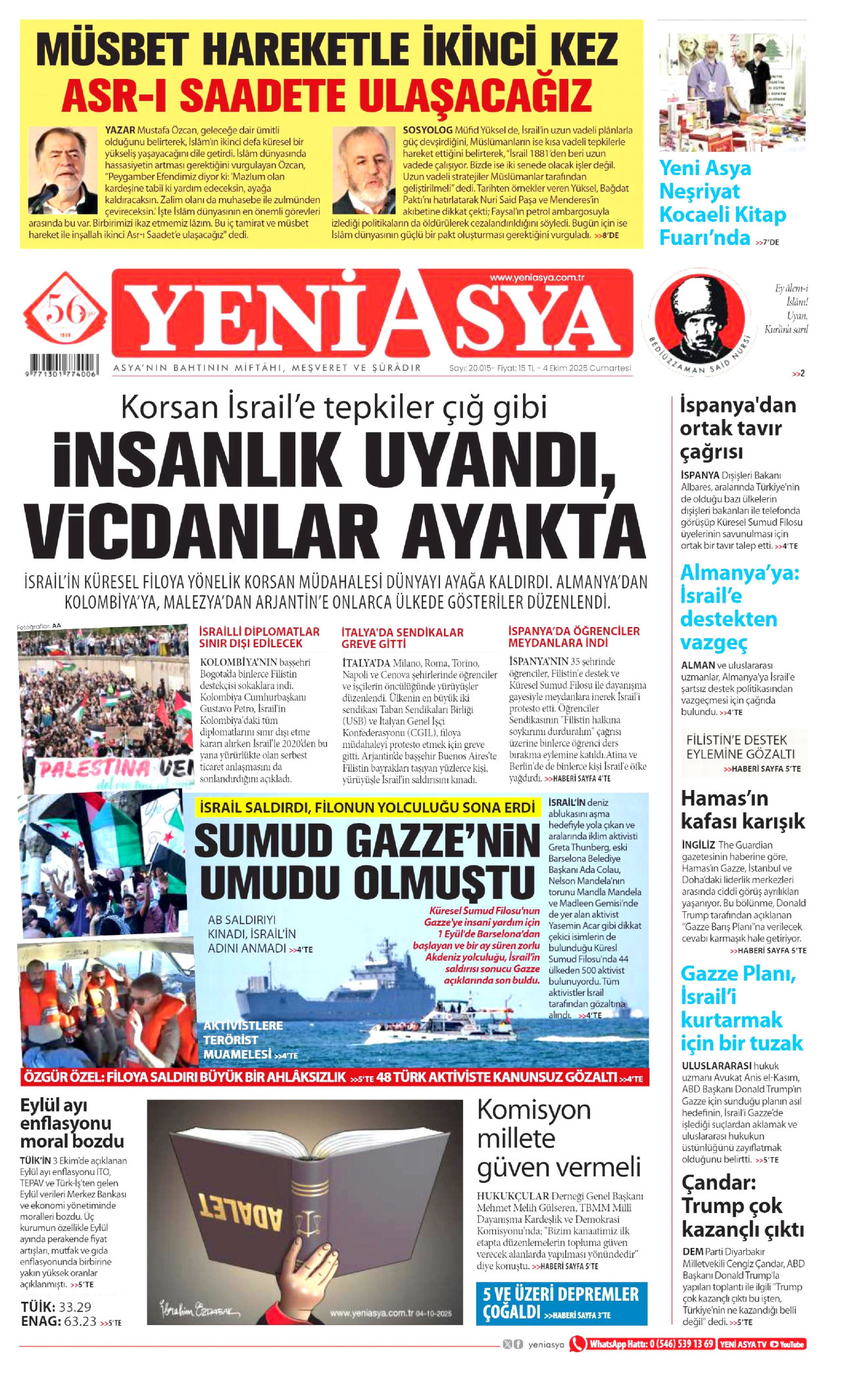 YENİ ASYA gazetesinin 4 Ekim 2025 tarihli birinci sayfası
