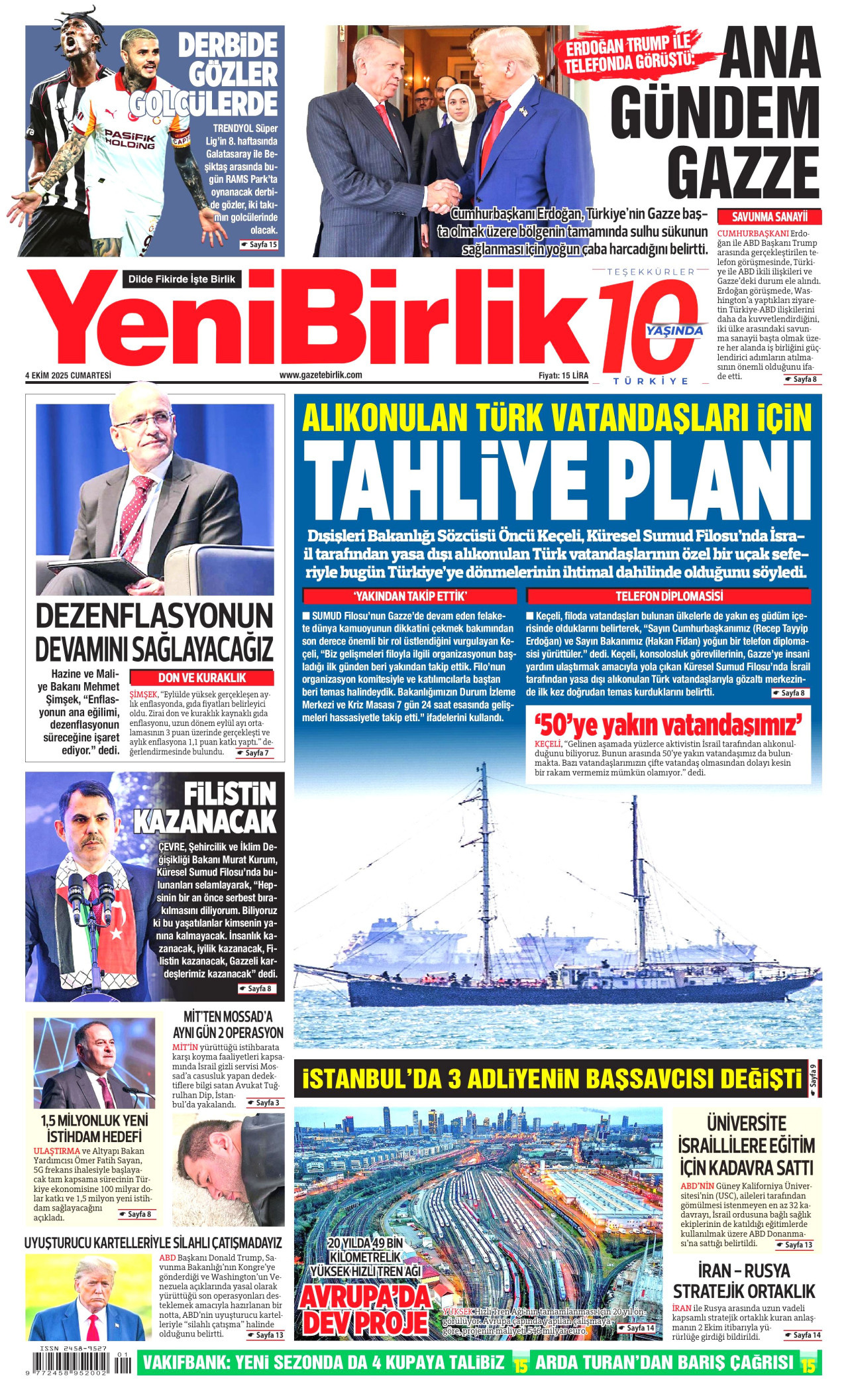 YENİBİRLİK gazetesinin 4 Ekim 2025 tarihli birinci sayfası