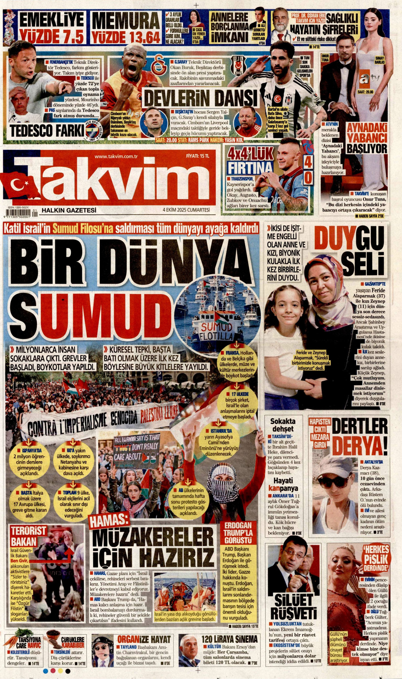 TAKVİM gazetesinin 4 Ekim 2025 tarihli birinci sayfası