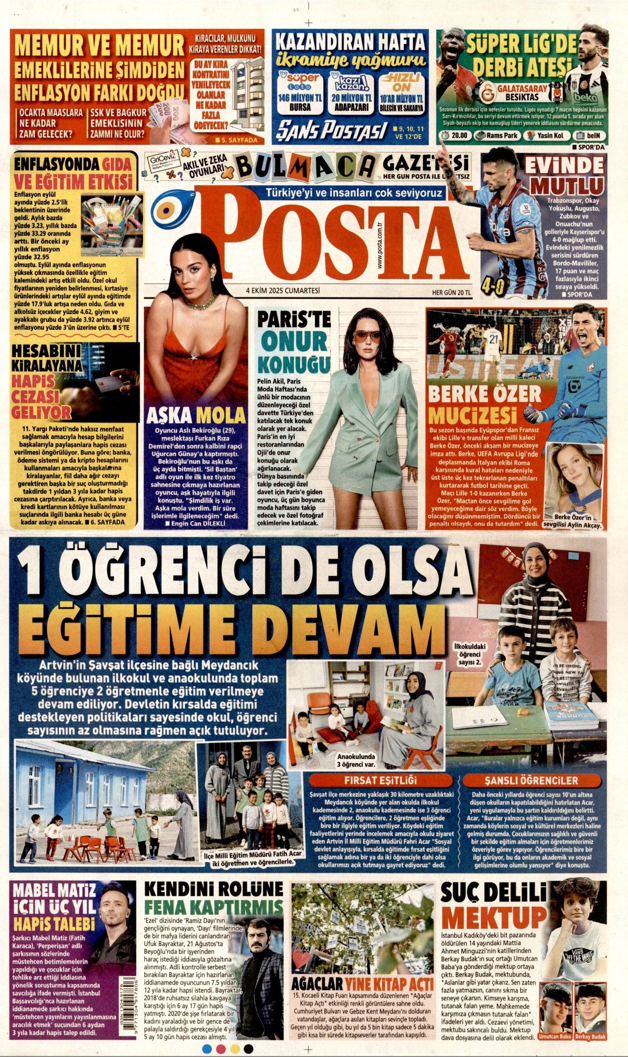 POSTA gazetesinin 4 Ekim 2025 tarihli birinci sayfası